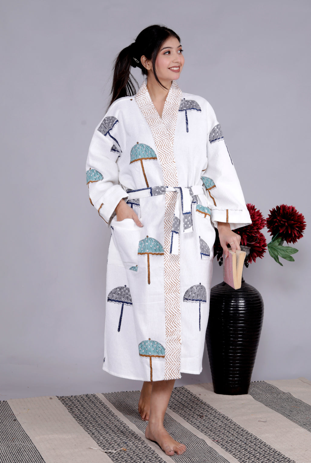 Living Roots Handblock Printed Cotton Waffle Unisex Bath Robe - Free Size (Set Of 1) (91-016-BIG)