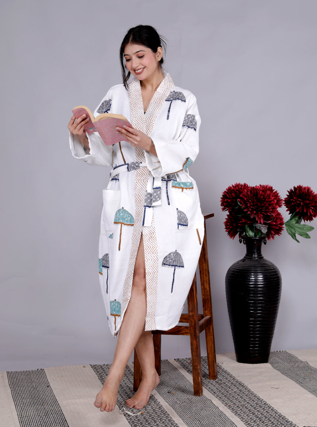 Living Roots Handblock Printed Cotton Waffle Unisex Bath Robe - Free Size (Set Of 1) (91-016-BIG)