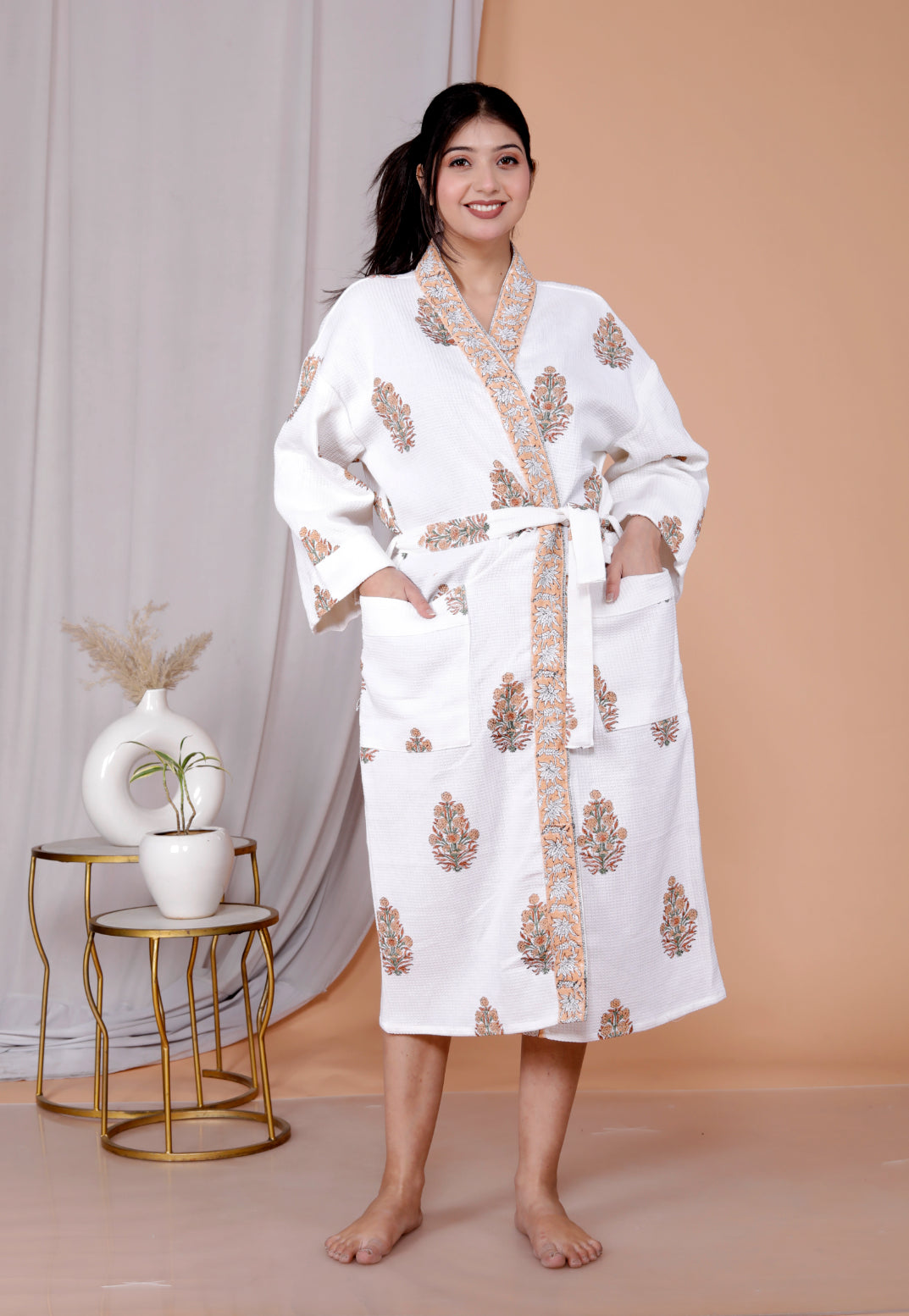 Living Roots Handblock Printed Cotton Waffle Unisex Bath Robe - Free Size (Set Of 1) (91-017-BIG)