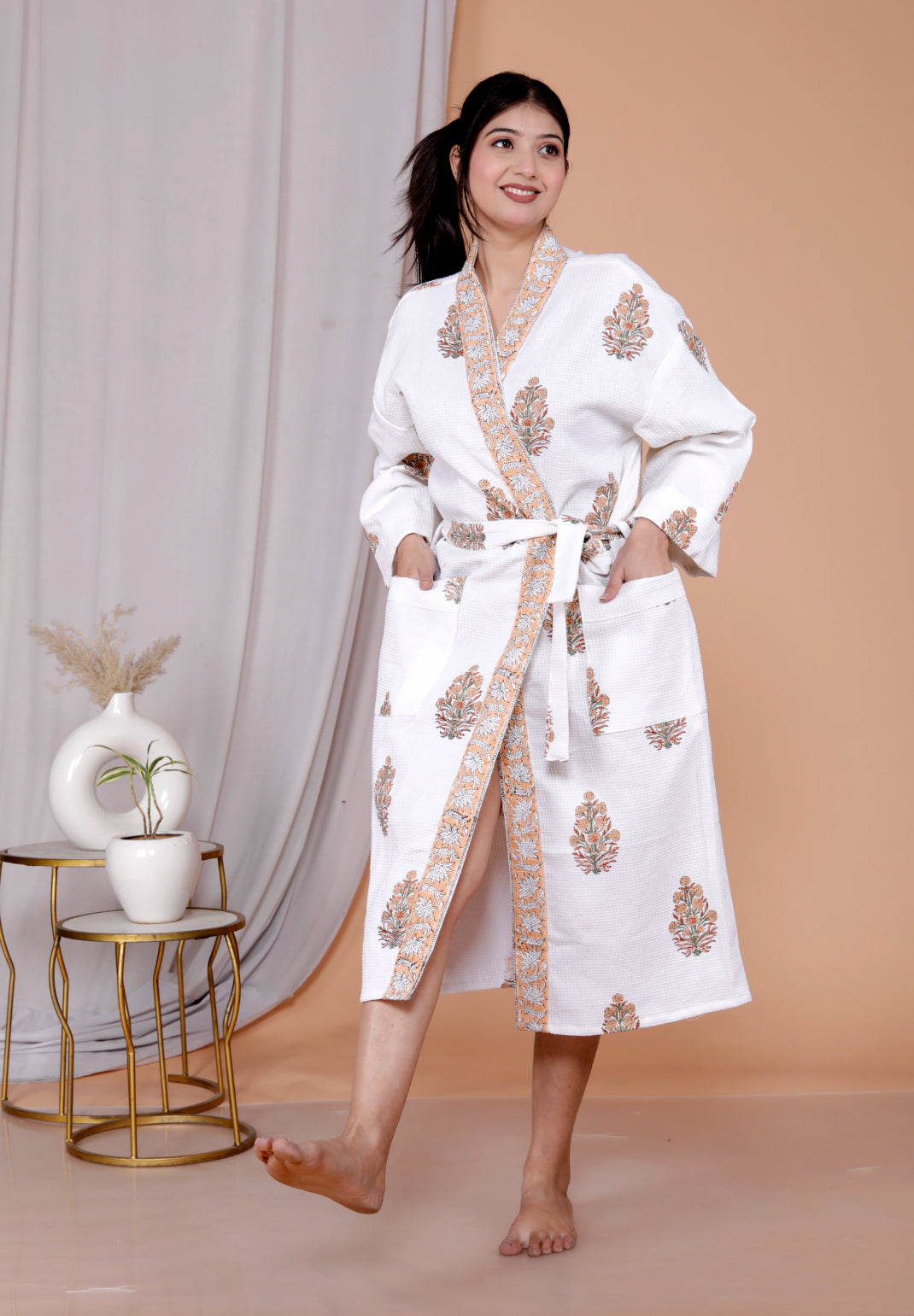 Living Roots Handblock Printed Cotton Waffle Unisex Bath Robe - Free Size (Set Of 1) (91-017-BIG)