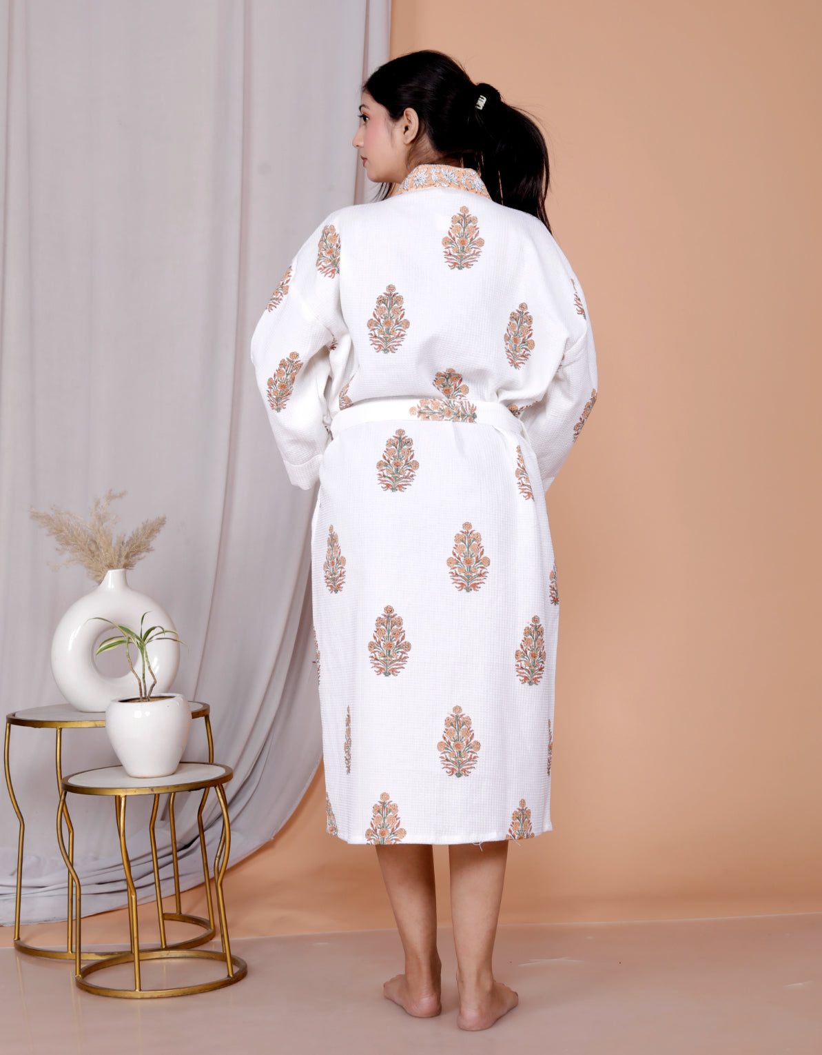Living Roots Handblock Printed Cotton Waffle Unisex Bath Robe - Free Size (Set Of 1) (91-017-BIG)