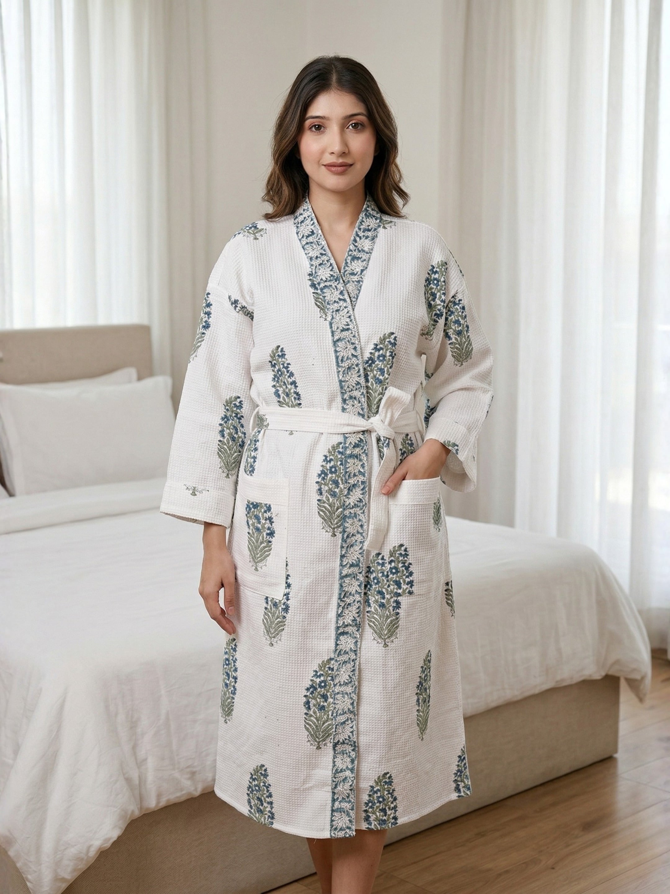 Living Roots Handblock Printed Cotton Waffle Unisex Bath Robe - Free Size (Set Of 1) (91-018-BIG)