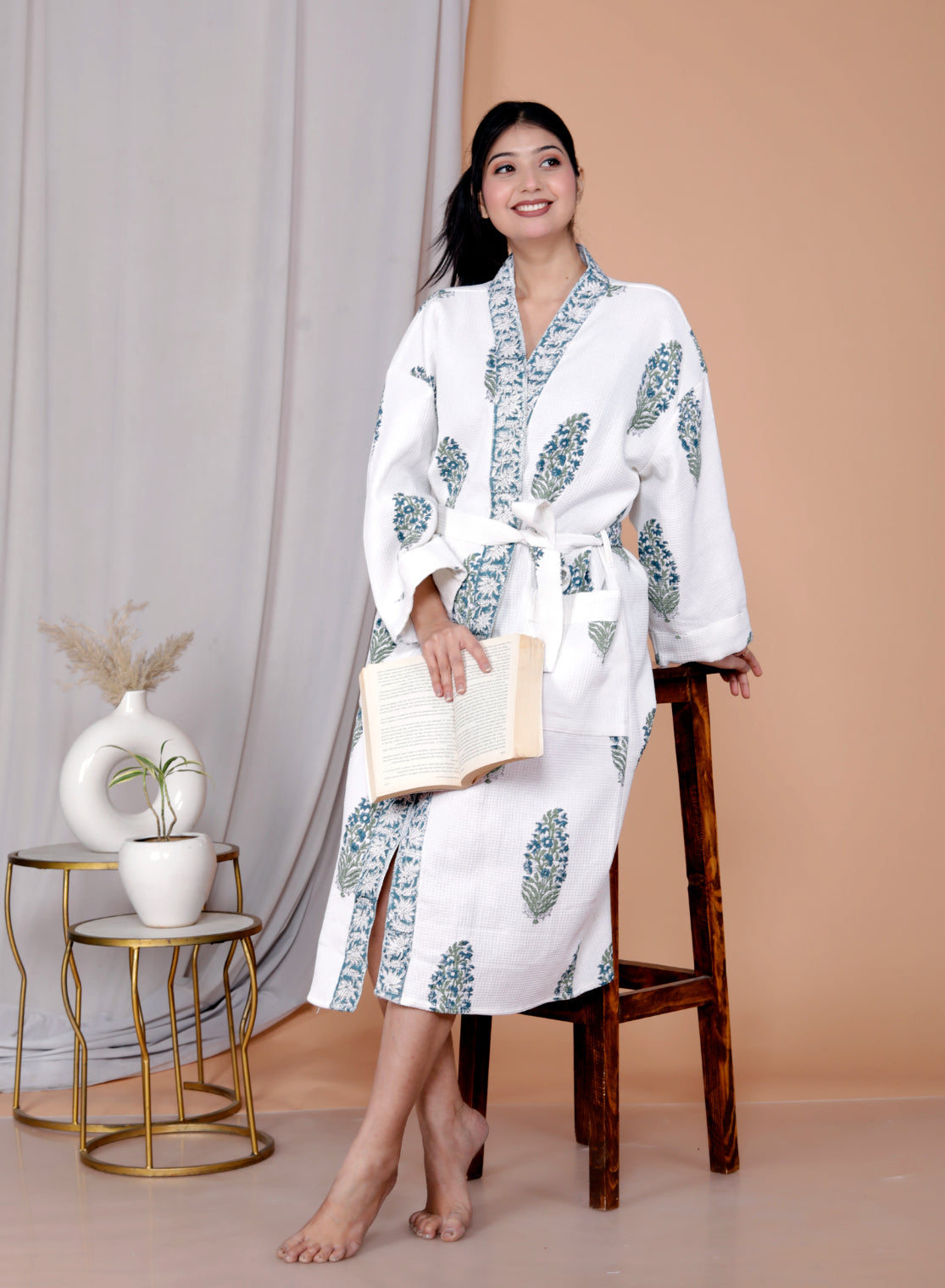 Living Roots Handblock Printed Cotton Waffle Unisex Bath Robe - Free Size (Set Of 1) (91-018-BIG)