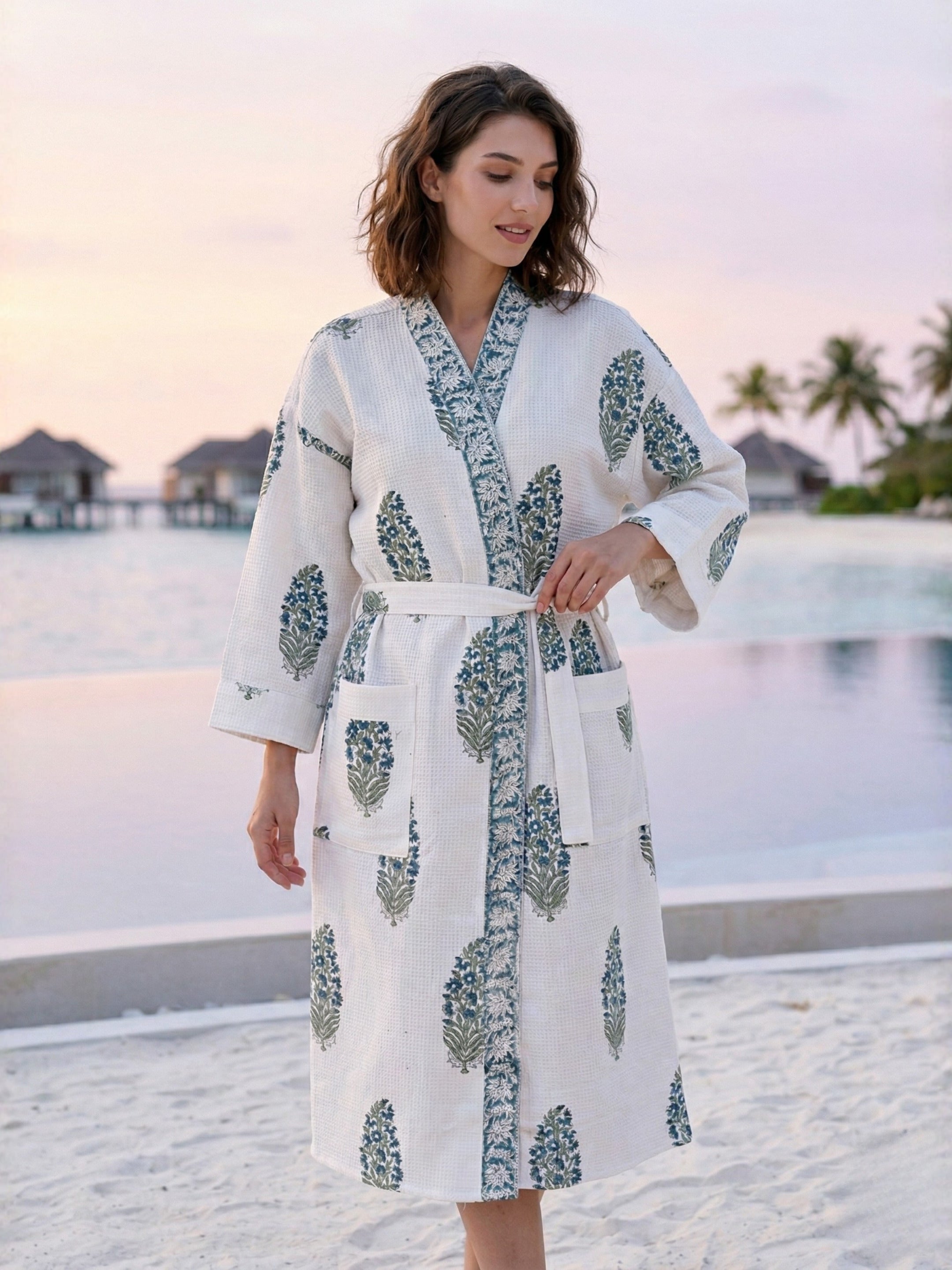 Living Roots Handblock Printed Cotton Waffle Unisex Bath Robe - Free Size (Set Of 1) (91-018-BIG)
