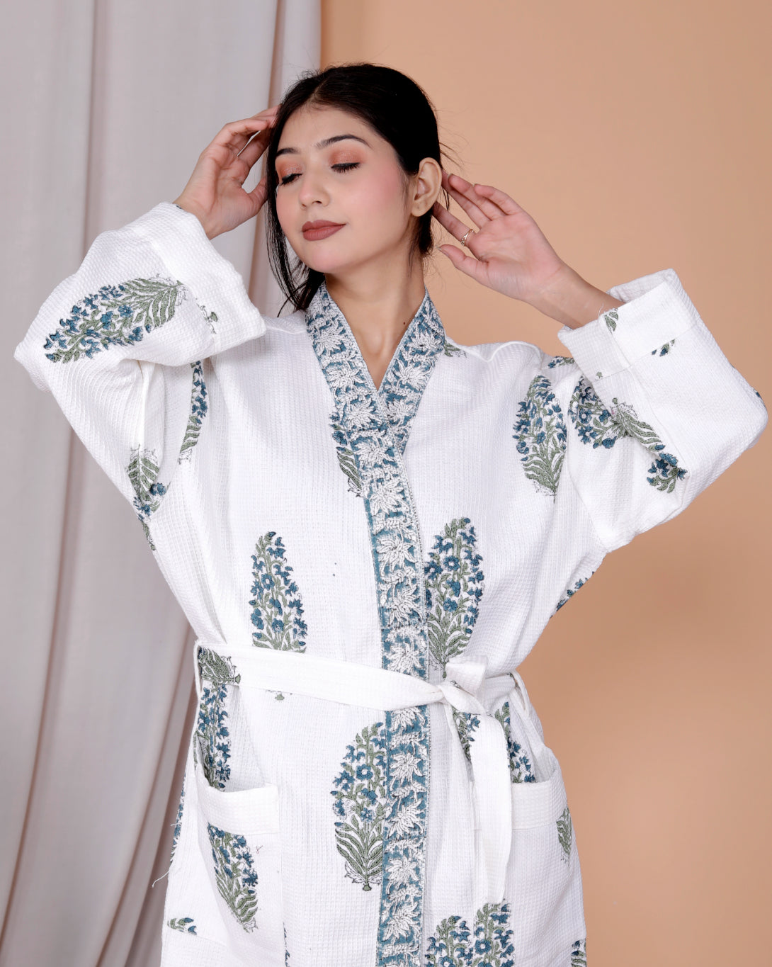 Living Roots Handblock Printed Cotton Waffle Unisex Bath Robe - Free Size (Set Of 1) (91-018-BIG)