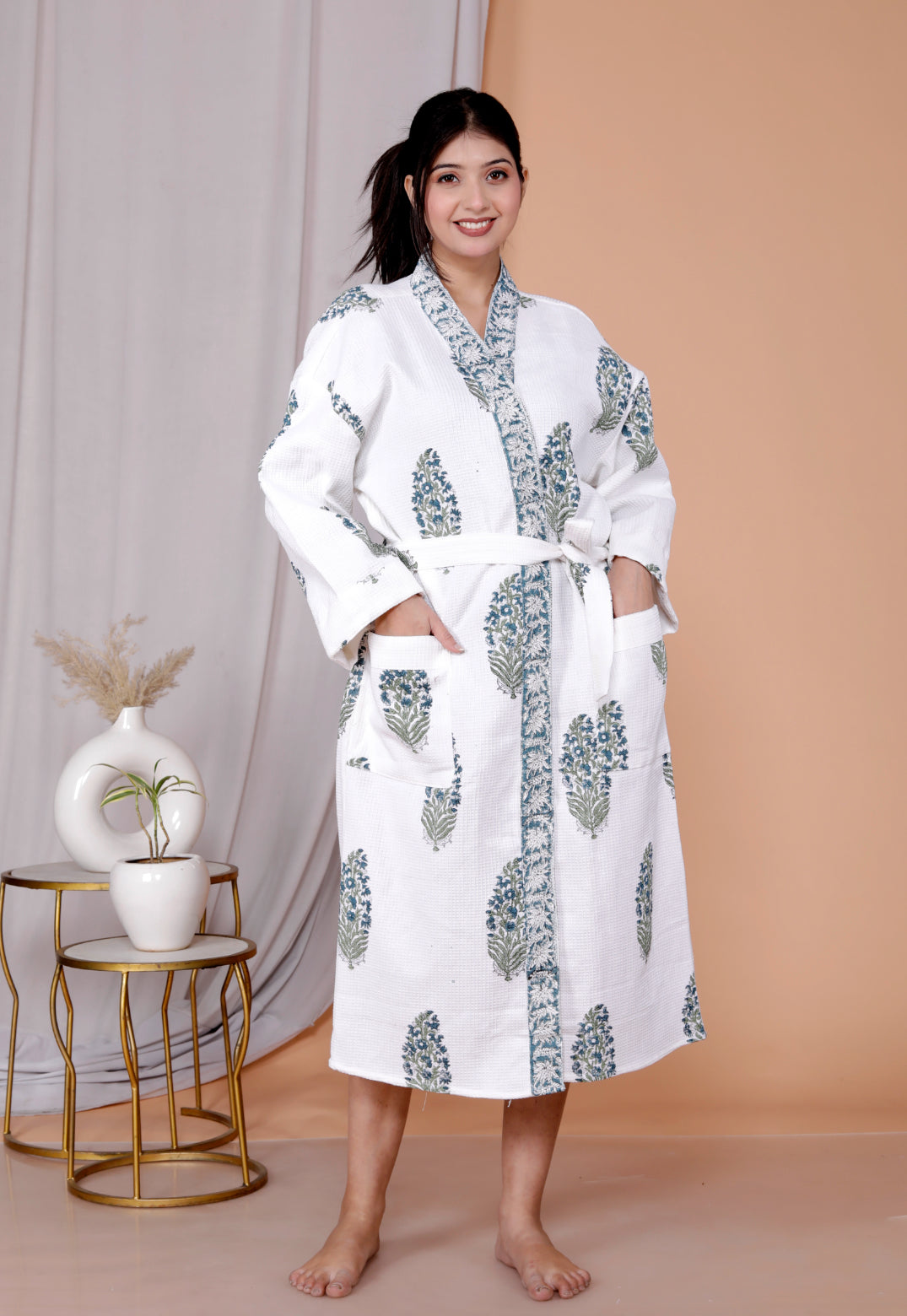 Living Roots Handblock Printed Cotton Waffle Unisex Bath Robe - Free Size (Set Of 1) (91-018-BIG)