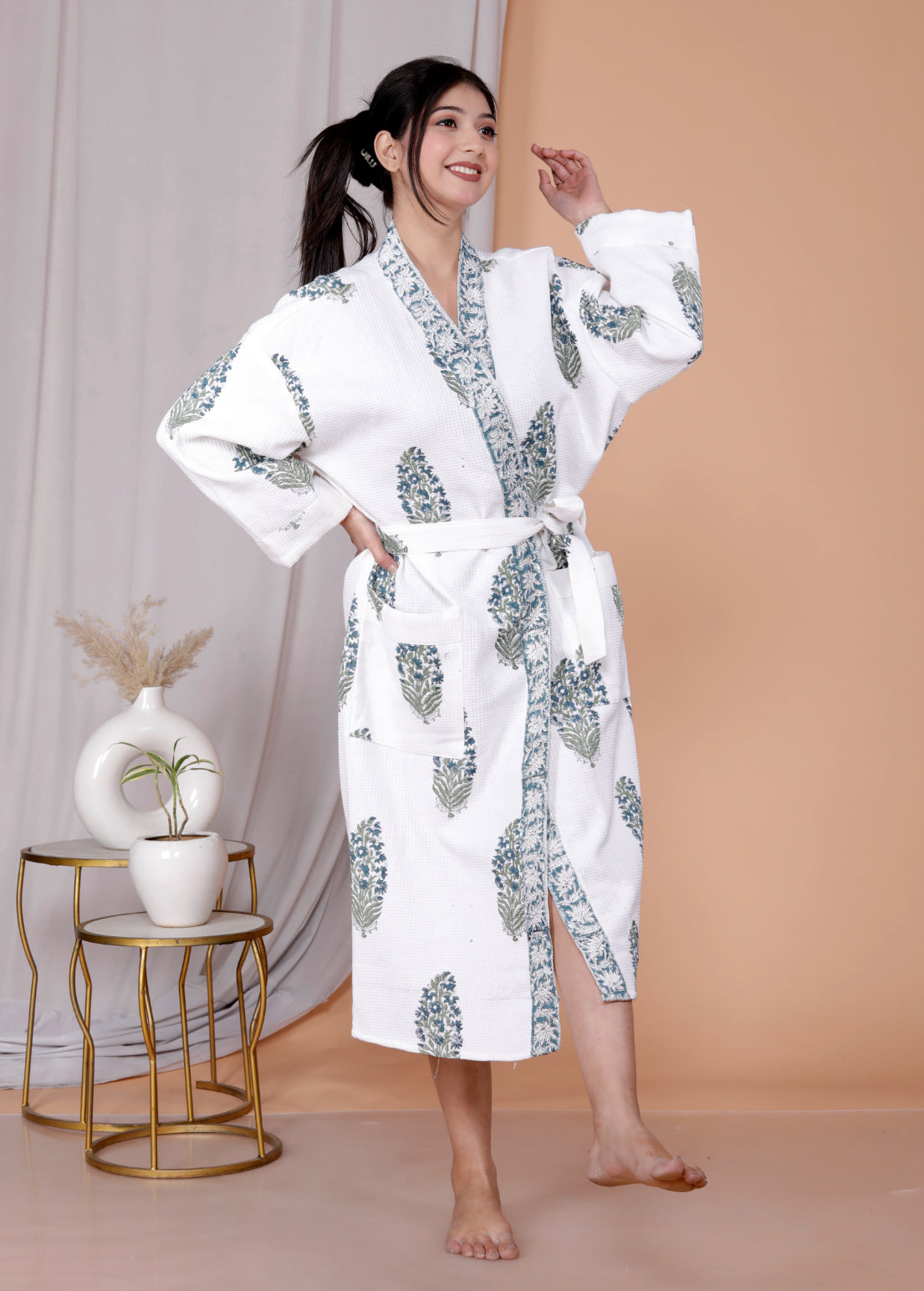 Living Roots Handblock Printed Cotton Waffle Unisex Bath Robe - Free Size (Set Of 1) (91-018-BIG)