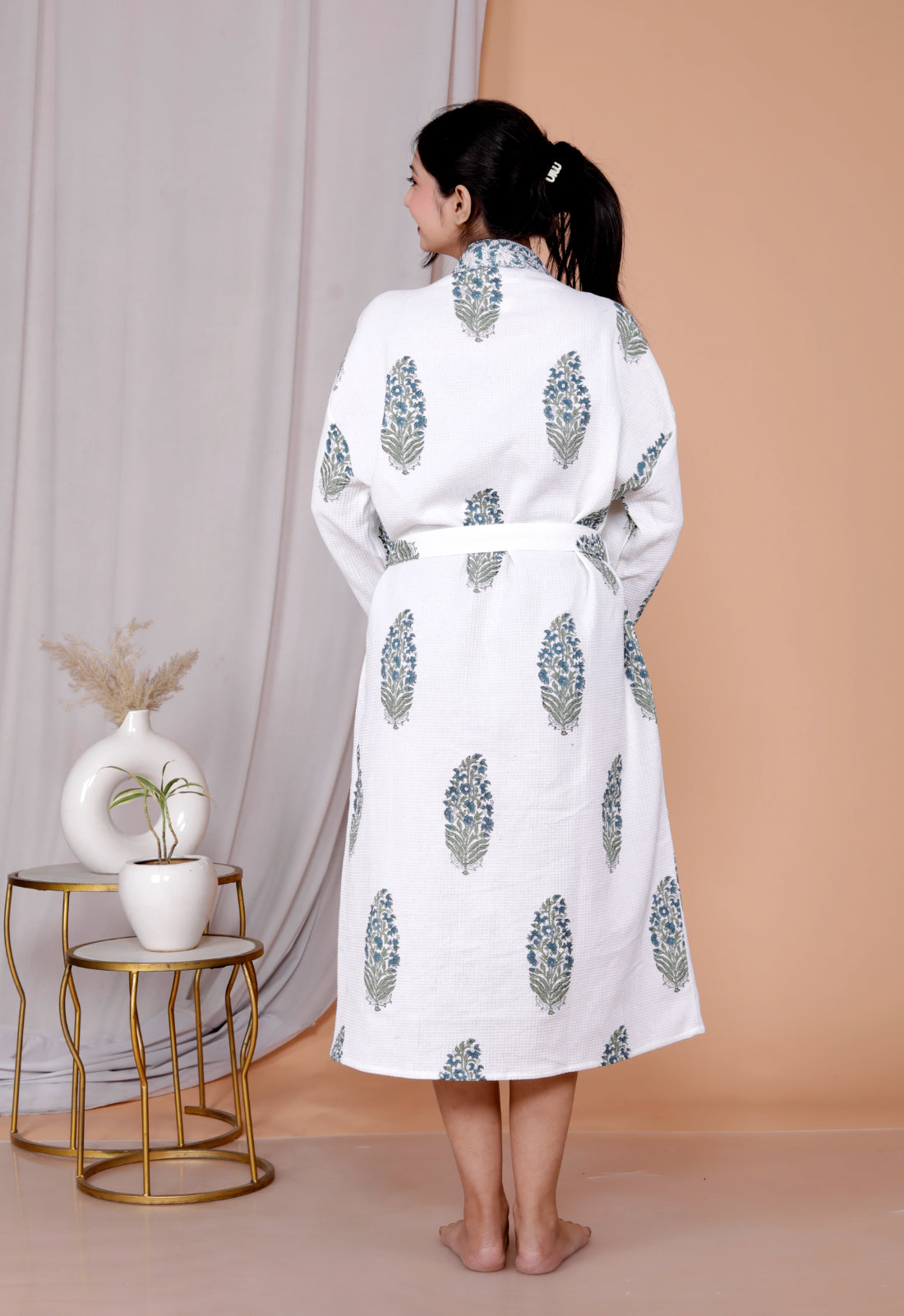 Living Roots Handblock Printed Cotton Waffle Unisex Bath Robe - Free Size (Set Of 1) (91-018-BIG)