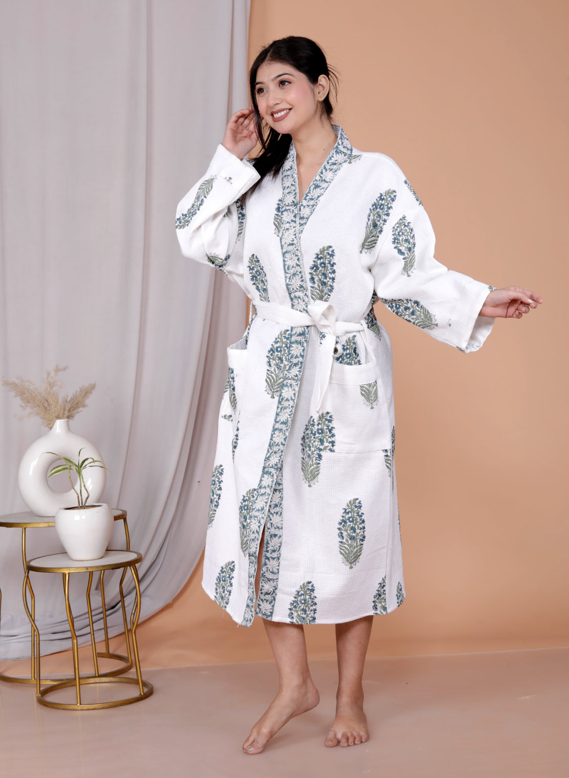 Living Roots Handblock Printed Cotton Waffle Unisex Bath Robe - Free Size (Set Of 1) (91-018-BIG)