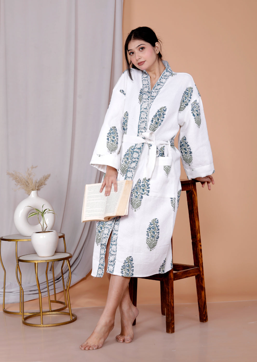 Living Roots Handblock Printed Cotton Waffle Unisex Bath Robe - Free Size (Set Of 1) (91-018-BIG)