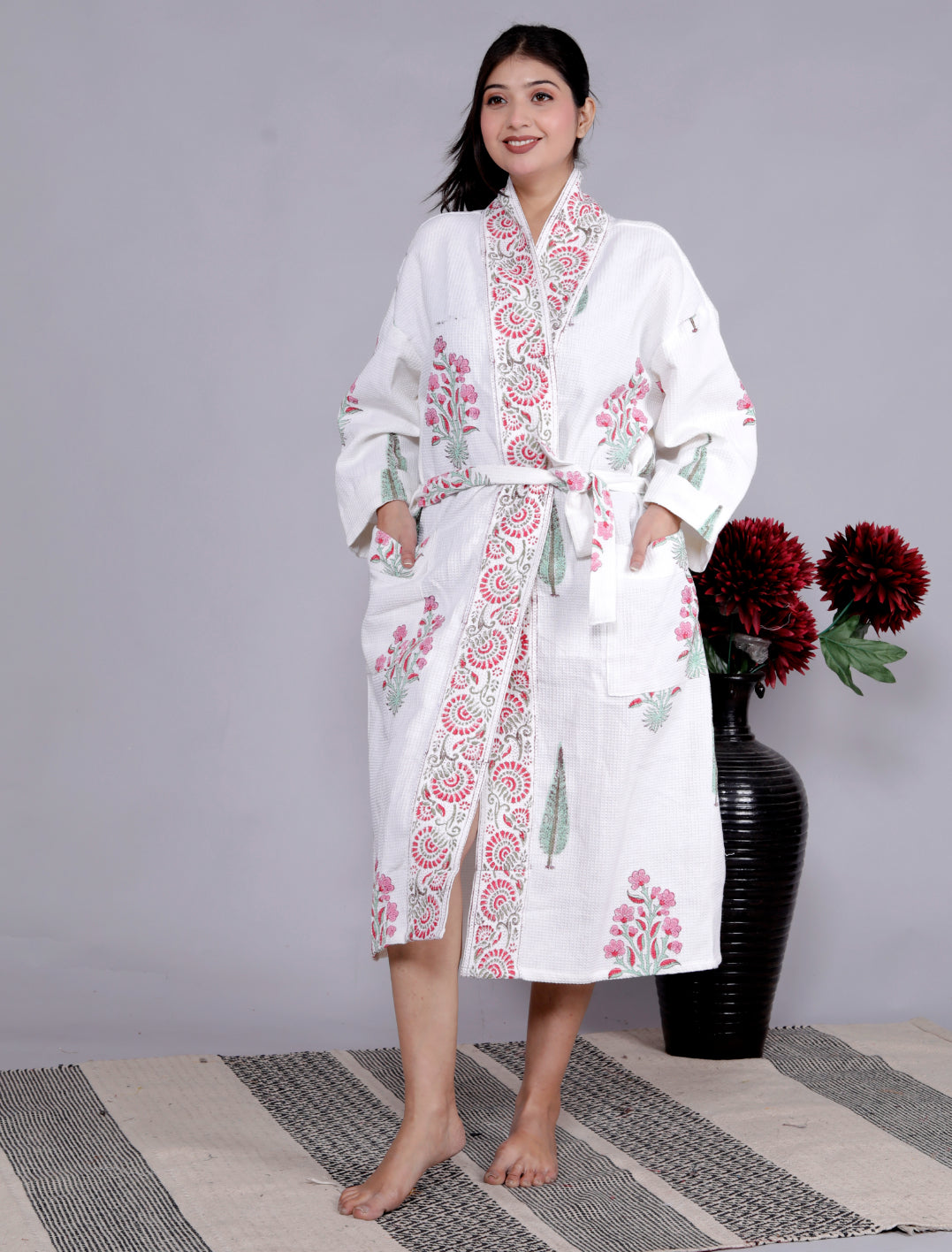 Living Roots Handblock Printed Cotton Waffle Unisex Bath Robe - Free Size (Set Of 1) (91-019-BIG)