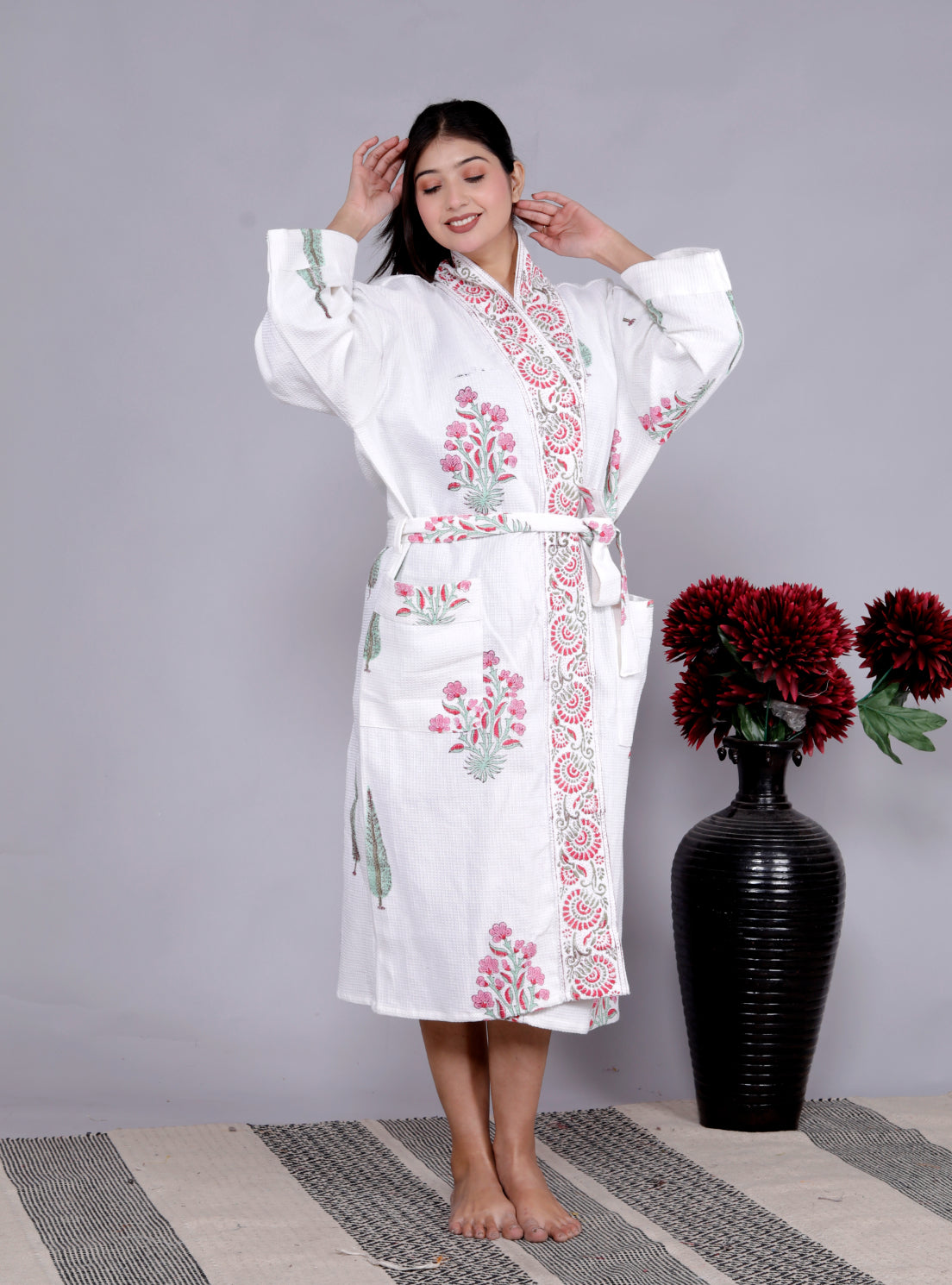 Living Roots Handblock Printed Cotton Waffle Unisex Bath Robe - Free Size (Set Of 1) (91-019-BIG)