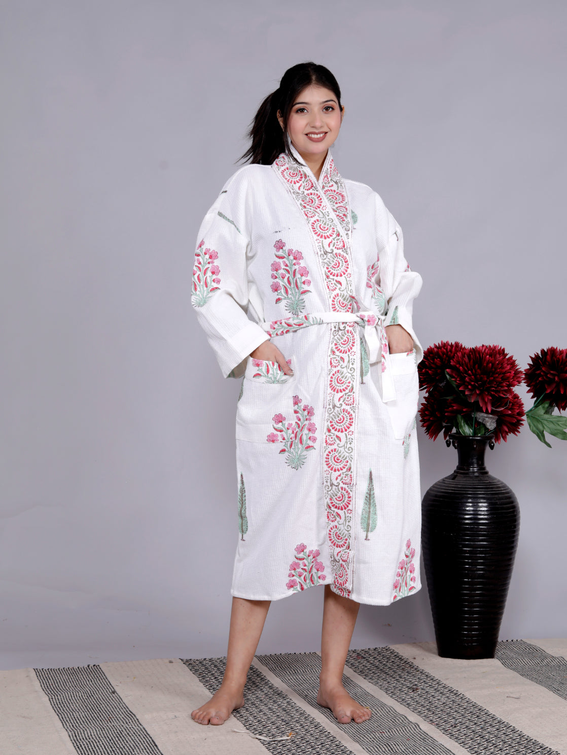Living Roots Handblock Printed Cotton Waffle Unisex Bath Robe - Free Size (Set Of 1) (91-019-BIG)