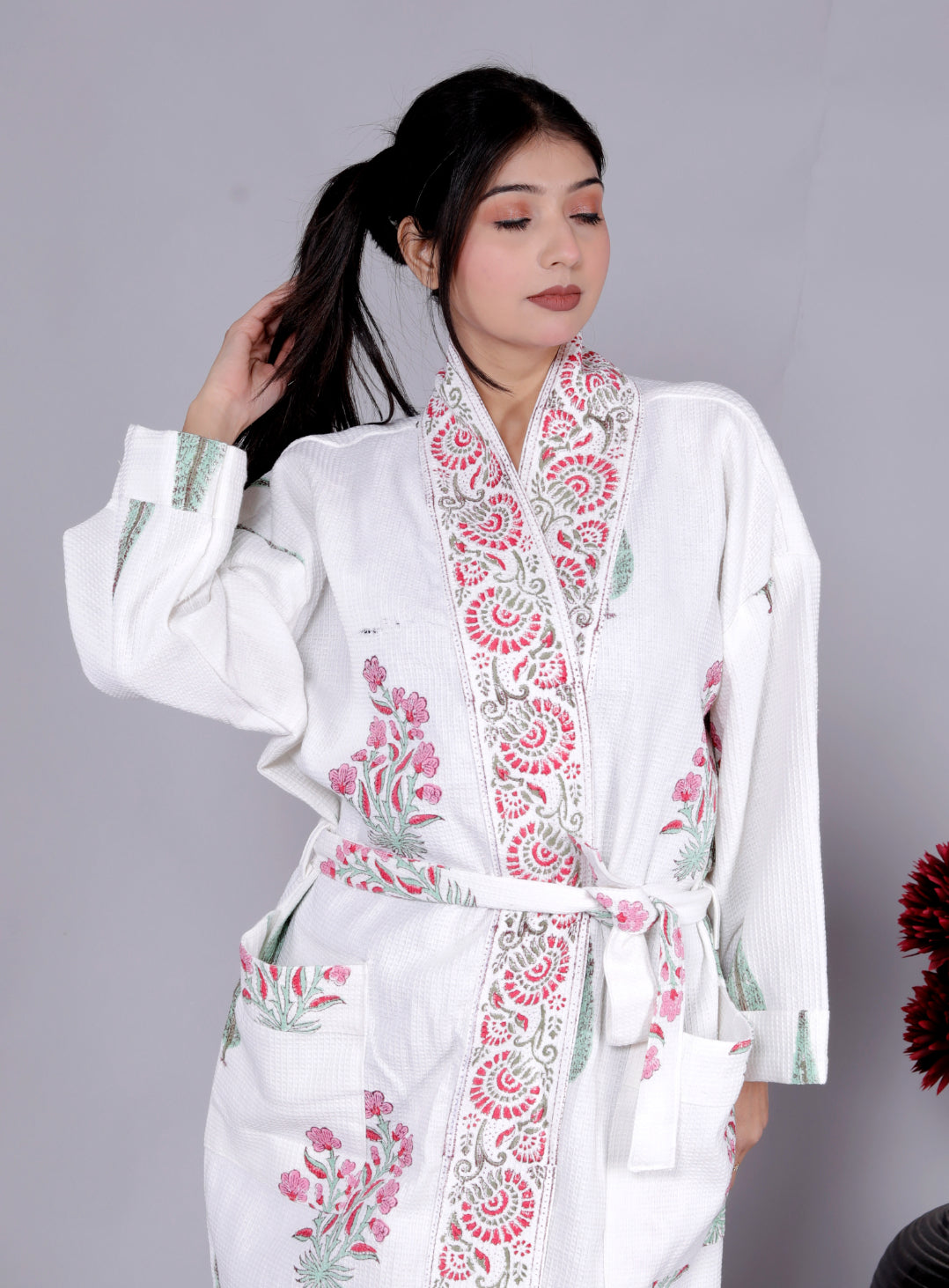Living Roots Handblock Printed Cotton Waffle Unisex Bath Robe - Free Size (Set Of 1) (91-019-BIG)