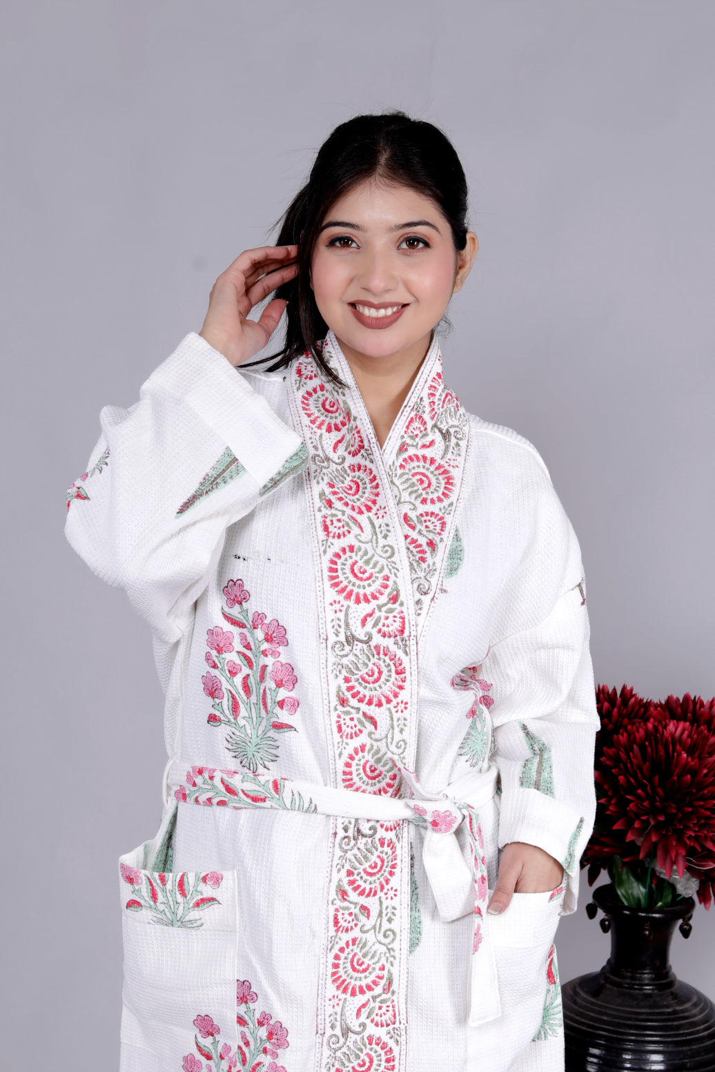 Living Roots Handblock Printed Cotton Waffle Unisex Bath Robe - Free Size (Set Of 1) (91-019-BIG)