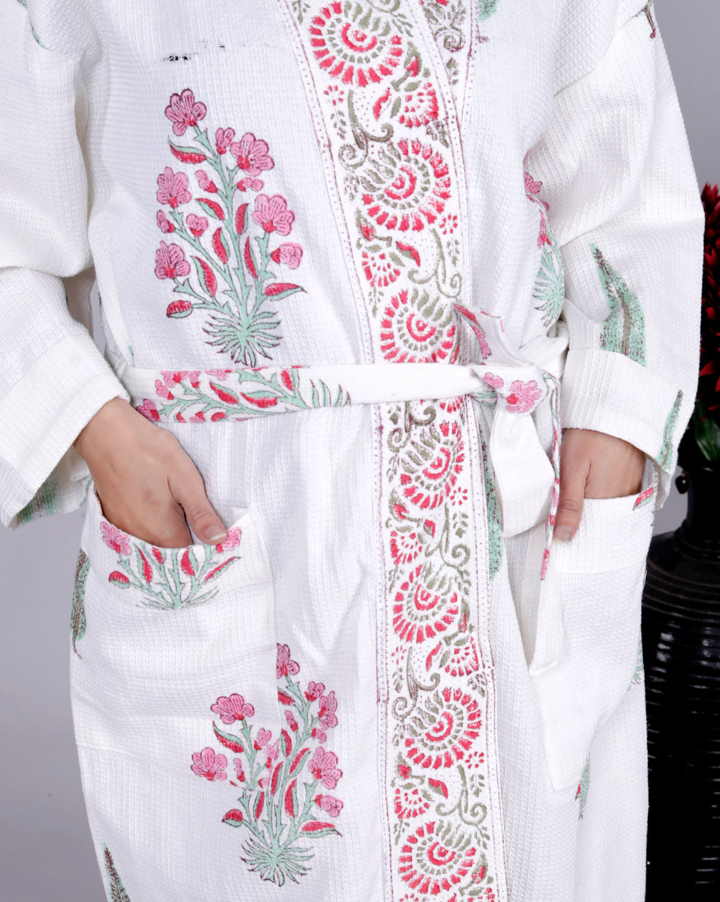 Living Roots Handblock Printed Cotton Waffle Unisex Bath Robe - Free Size (Set Of 1) (91-019-BIG)