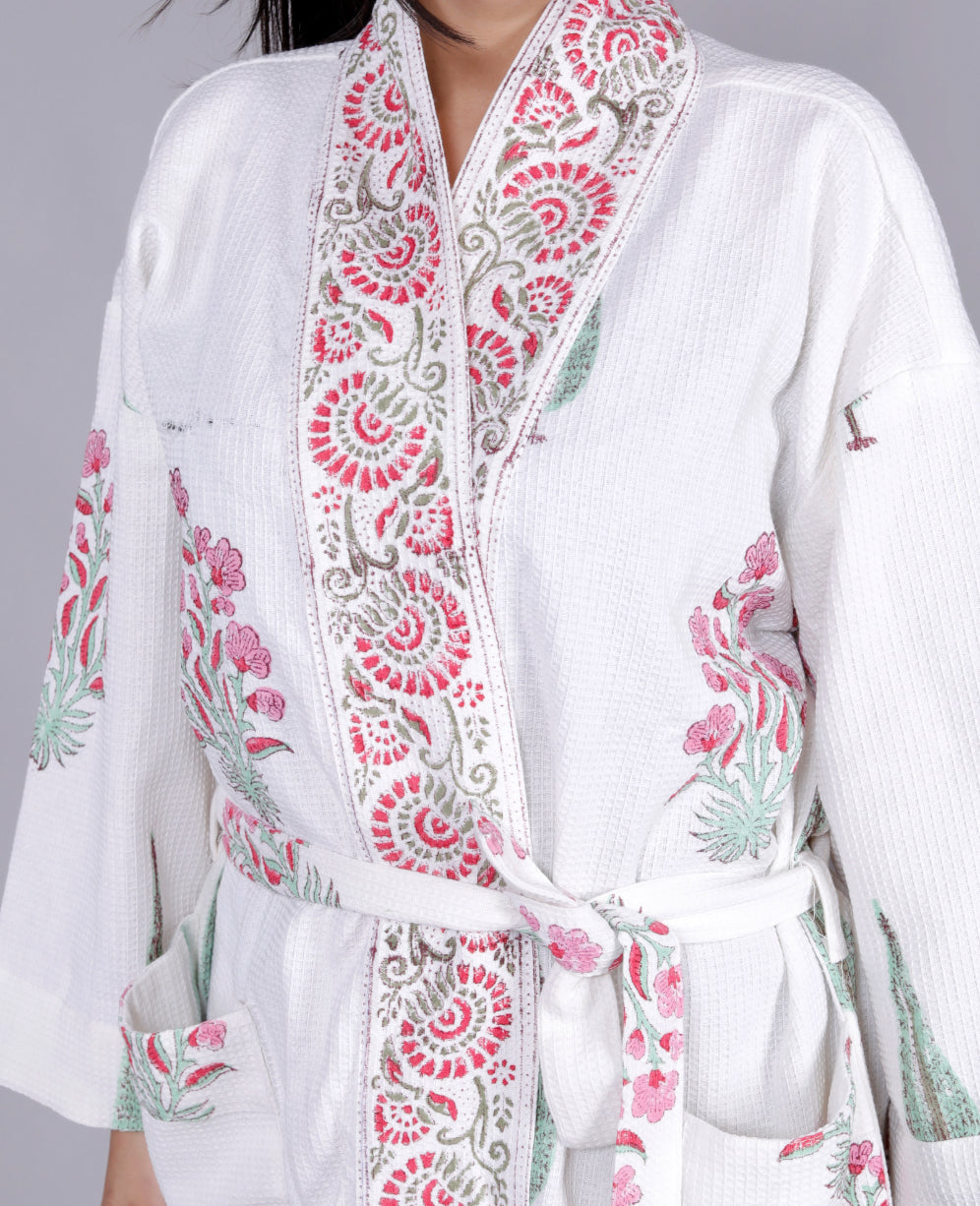Living Roots Handblock Printed Cotton Waffle Unisex Bath Robe - Free Size (Set Of 1) (91-019-BIG)
