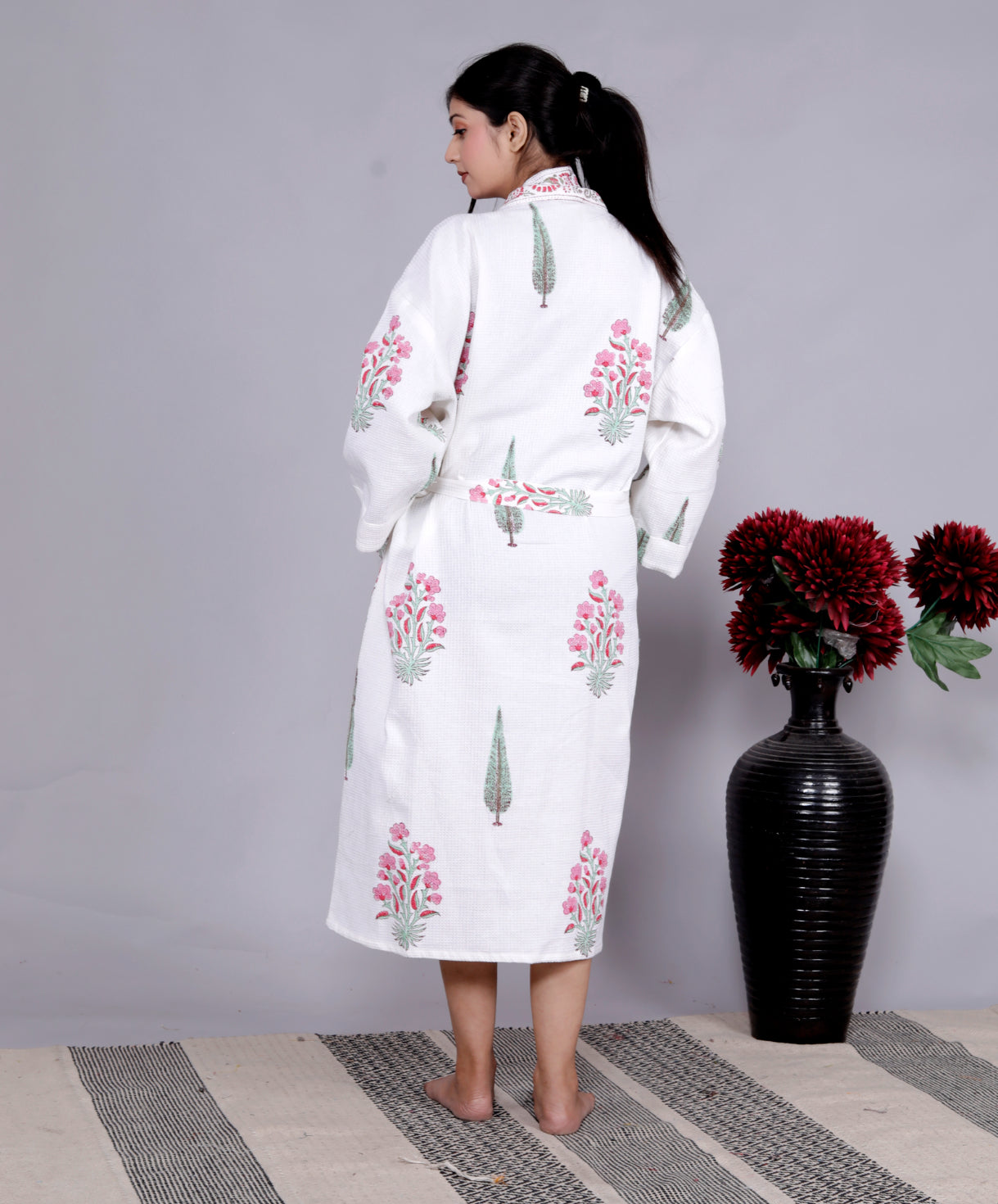 Living Roots Handblock Printed Cotton Waffle Unisex Bath Robe - Free Size (Set Of 1) (91-019-BIG)