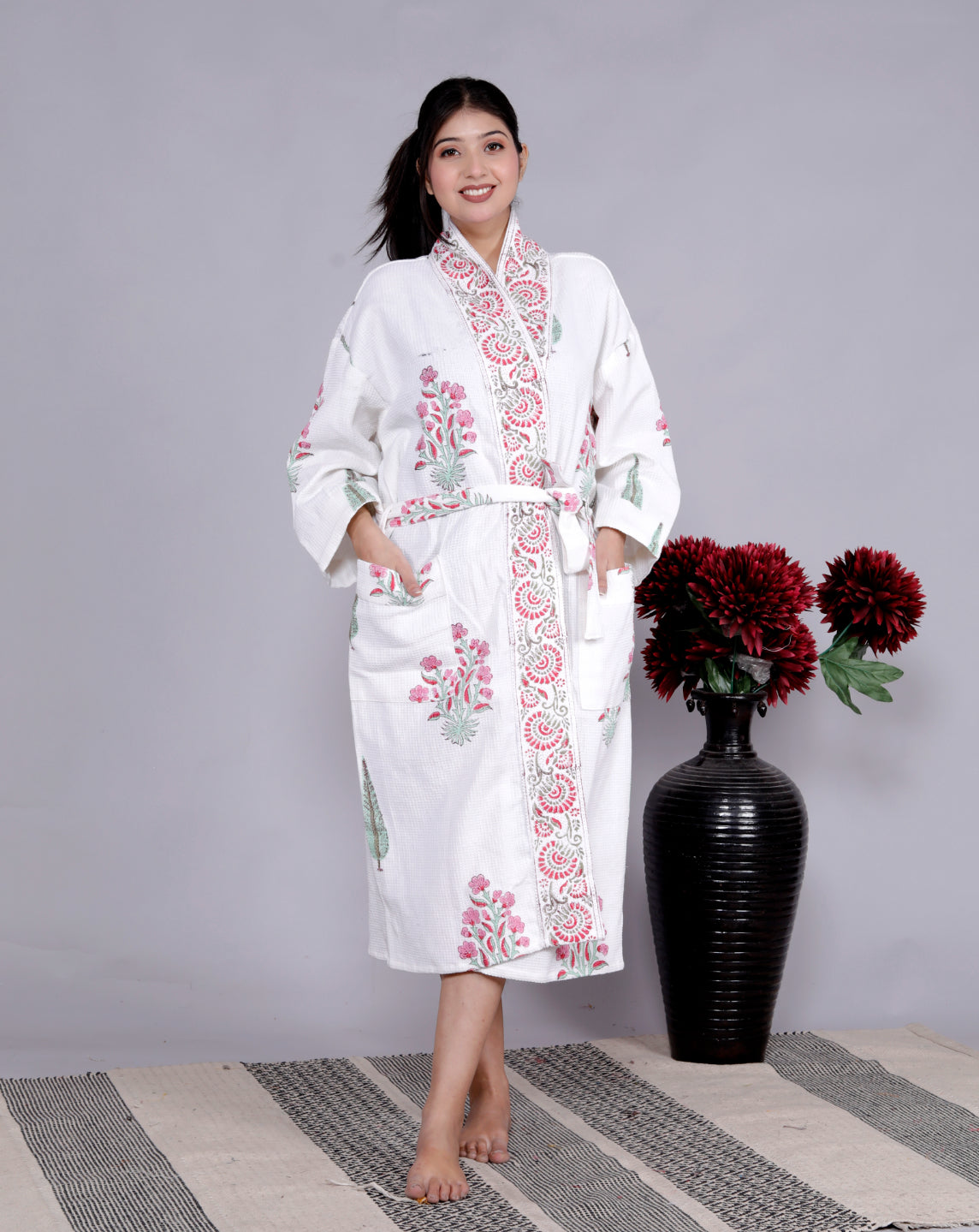Living Roots Handblock Printed Cotton Waffle Unisex Bath Robe - Free Size (Set Of 1) (91-019-BIG)