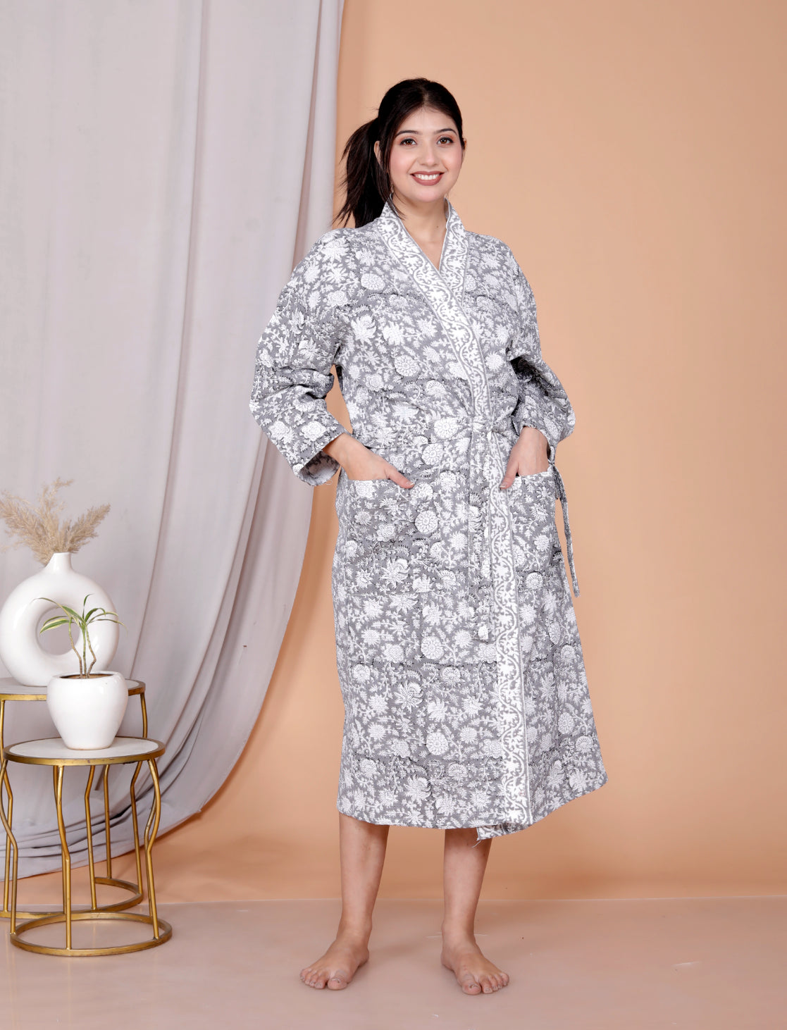 Living Roots Handblock Printed Cotton Waffle Unisex Bath Robe - Free Size (Set Of 1) (91-020-BIG)
