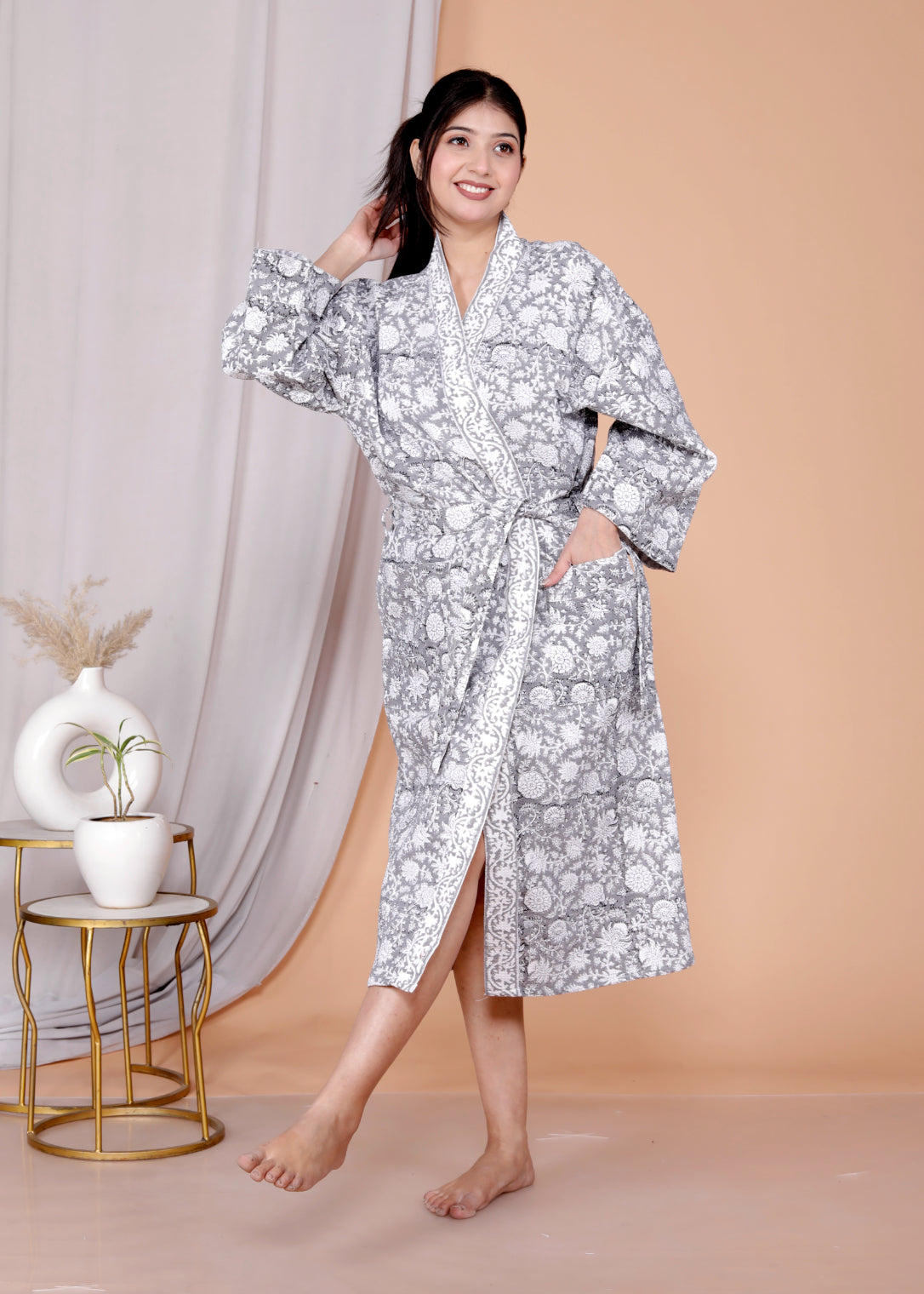 Living Roots Handblock Printed Cotton Waffle Unisex Bath Robe - Free Size (Set Of 1) (91-020-BIG)