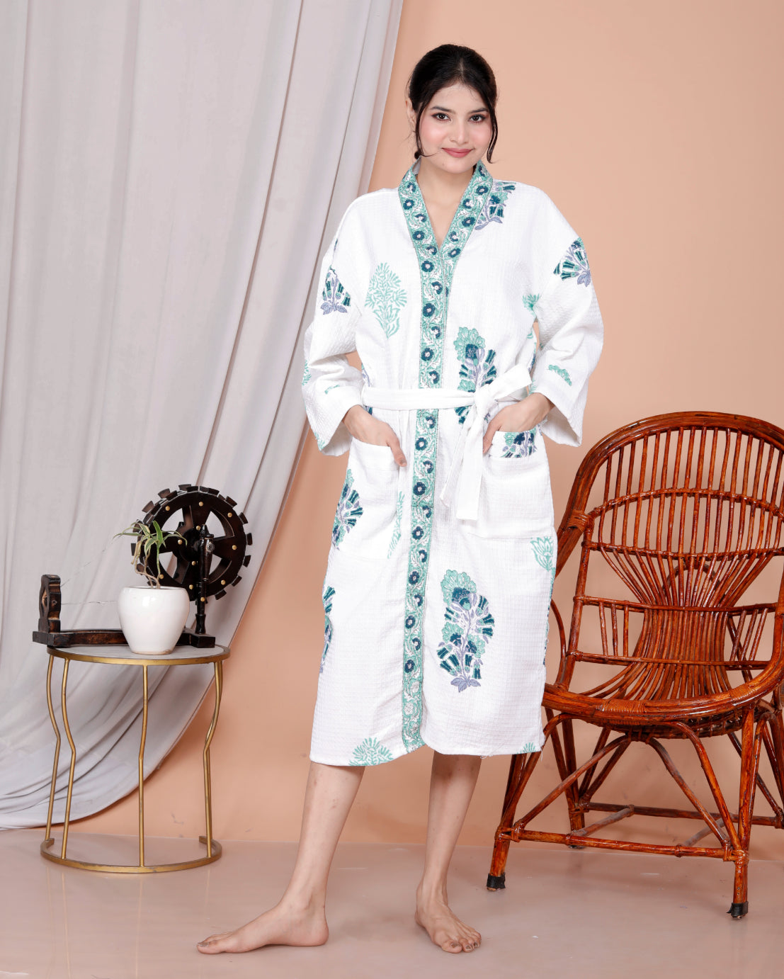 Living Roots Handblock Printed Cotton Waffle Unisex Bath Robe - Free Size (Set Of 1) (91-022-BIG)