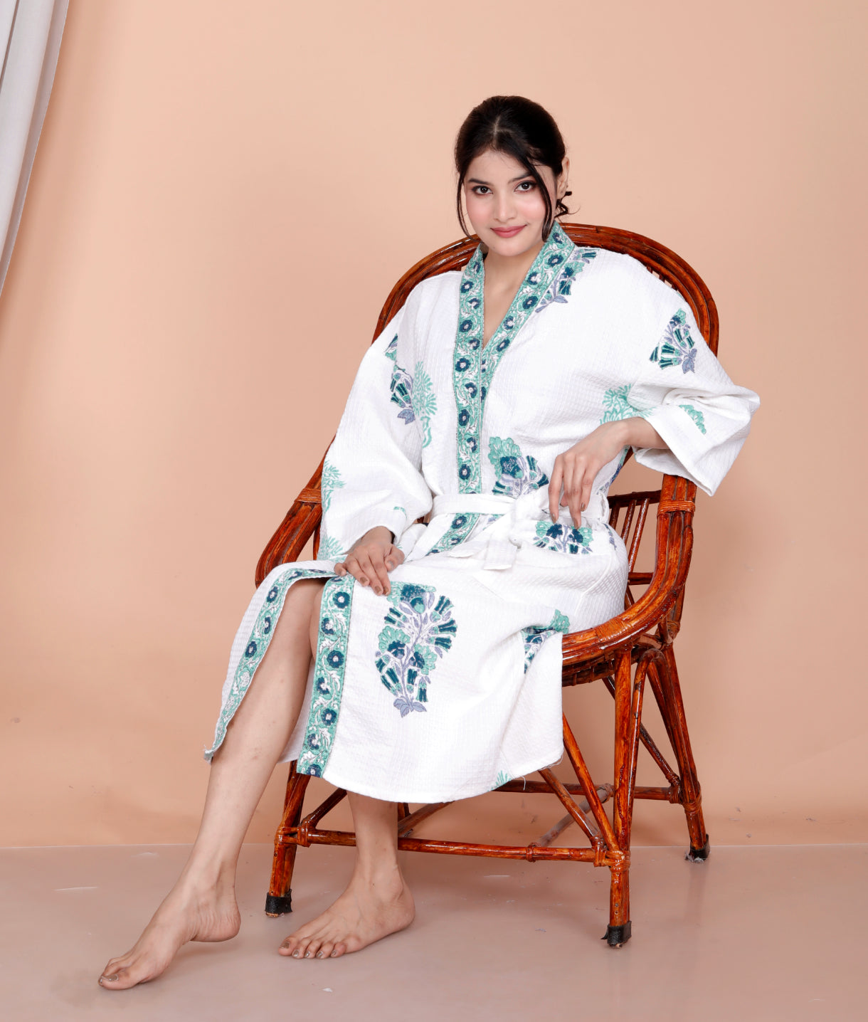 Living Roots Handblock Printed Cotton Waffle Unisex Bath Robe - Free Size (Set Of 1) (91-022-BIG)