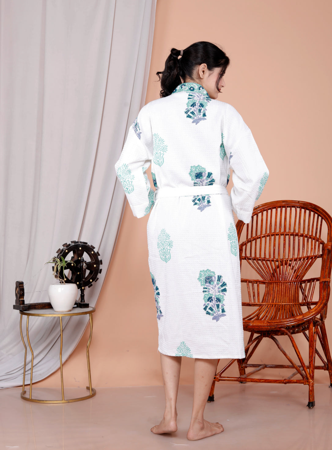 Living Roots Handblock Printed Cotton Waffle Unisex Bath Robe - Free Size (Set Of 1) (91-022-BIG)