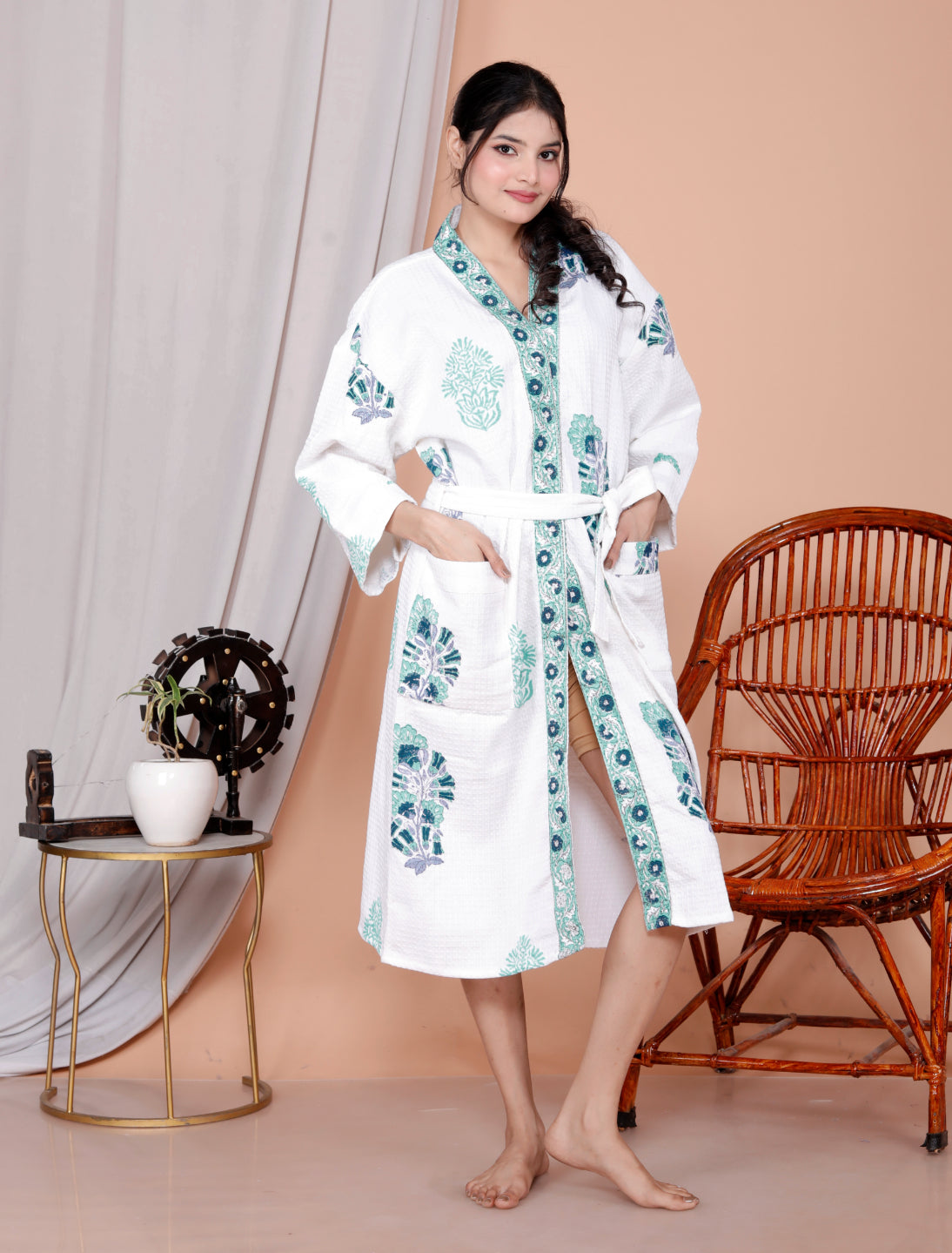 Living Roots Handblock Printed Cotton Waffle Unisex Bath Robe - Free Size (Set Of 1) (91-022-BIG)
