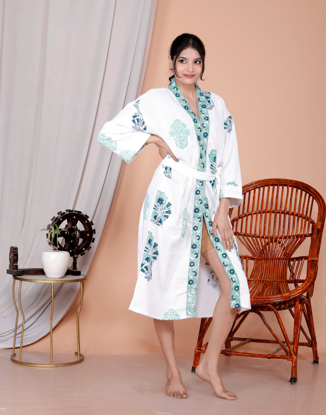 Living Roots Handblock Printed Cotton Waffle Unisex Bath Robe - Free Size (Set Of 1) (91-022-BIG)