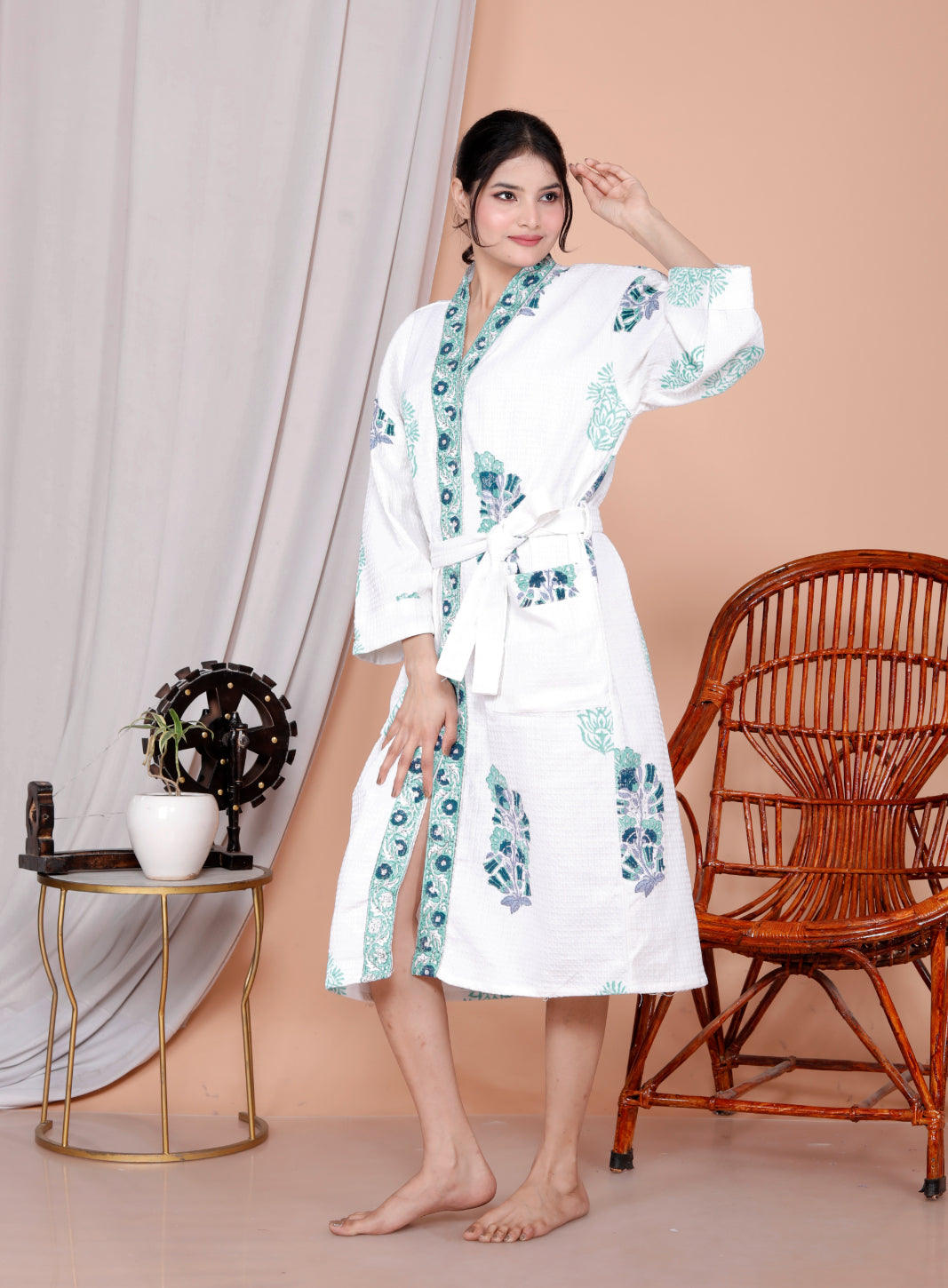 Living Roots Handblock Printed Cotton Waffle Unisex Bath Robe - Free Size (Set Of 1) (91-022-BIG)