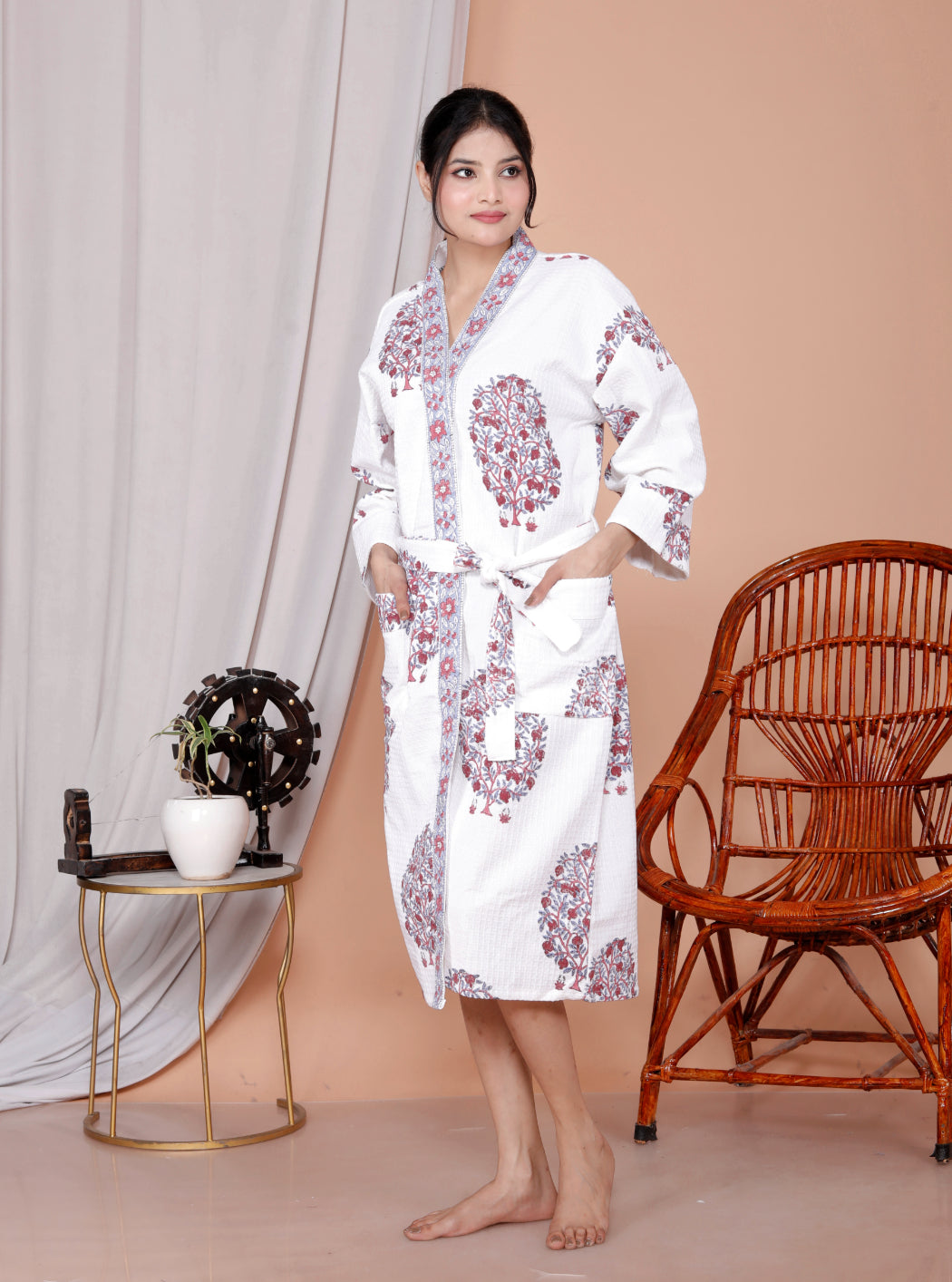 Living Roots Handblock Printed Cotton Waffle Unisex Bath Robe - Free Size (Set Of 1) (91-023-BIG)