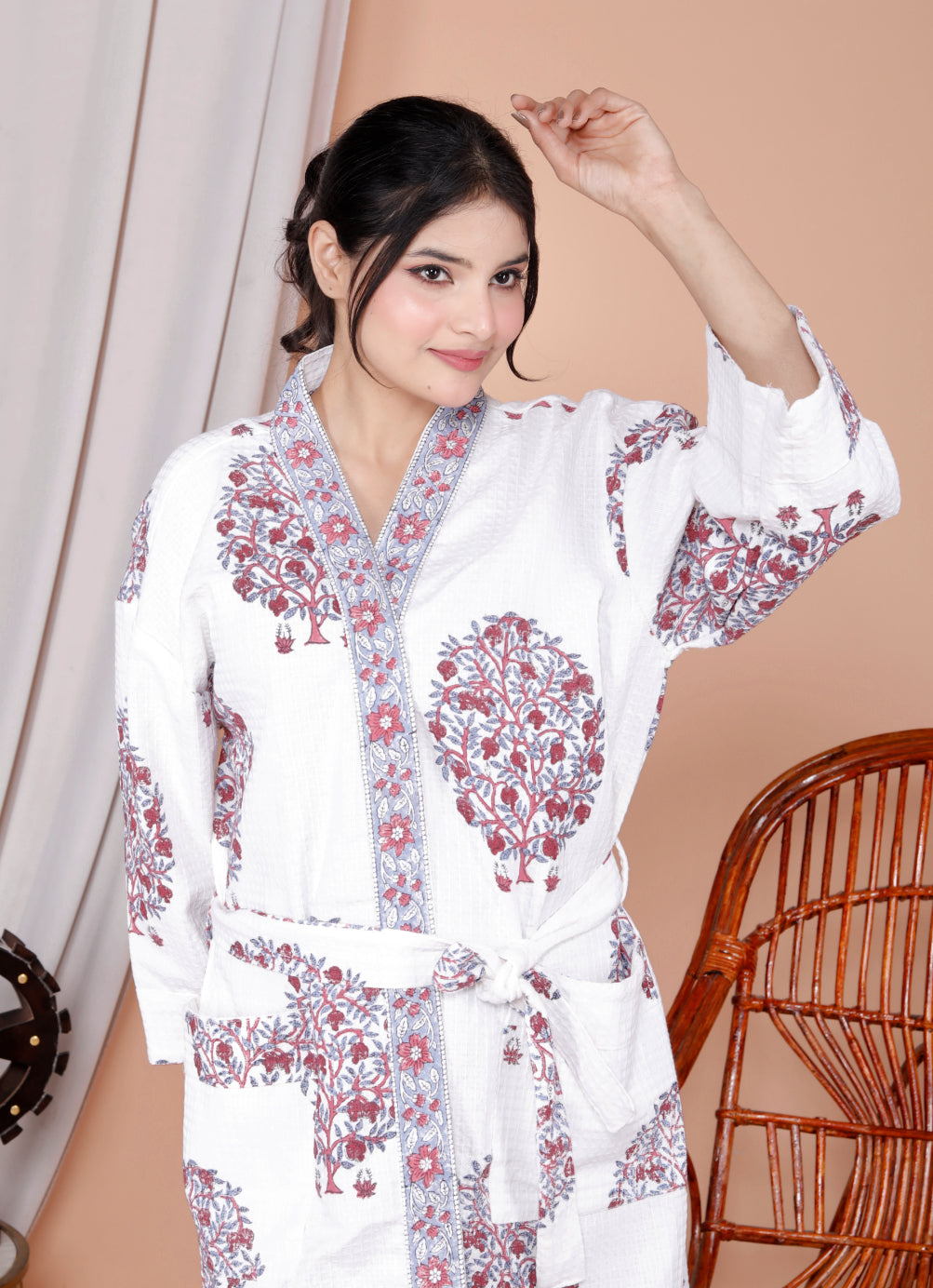 Living Roots Handblock Printed Cotton Waffle Unisex Bath Robe - Free Size (Set Of 1) (91-023-BIG)