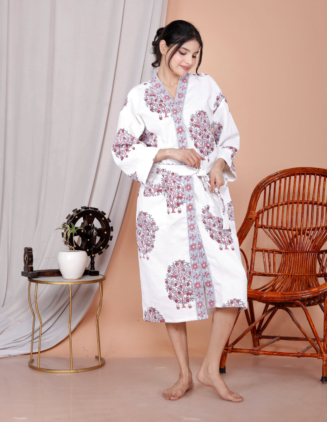 Living Roots Handblock Printed Cotton Waffle Unisex Bath Robe - Free Size (Set Of 1) (91-023-BIG)