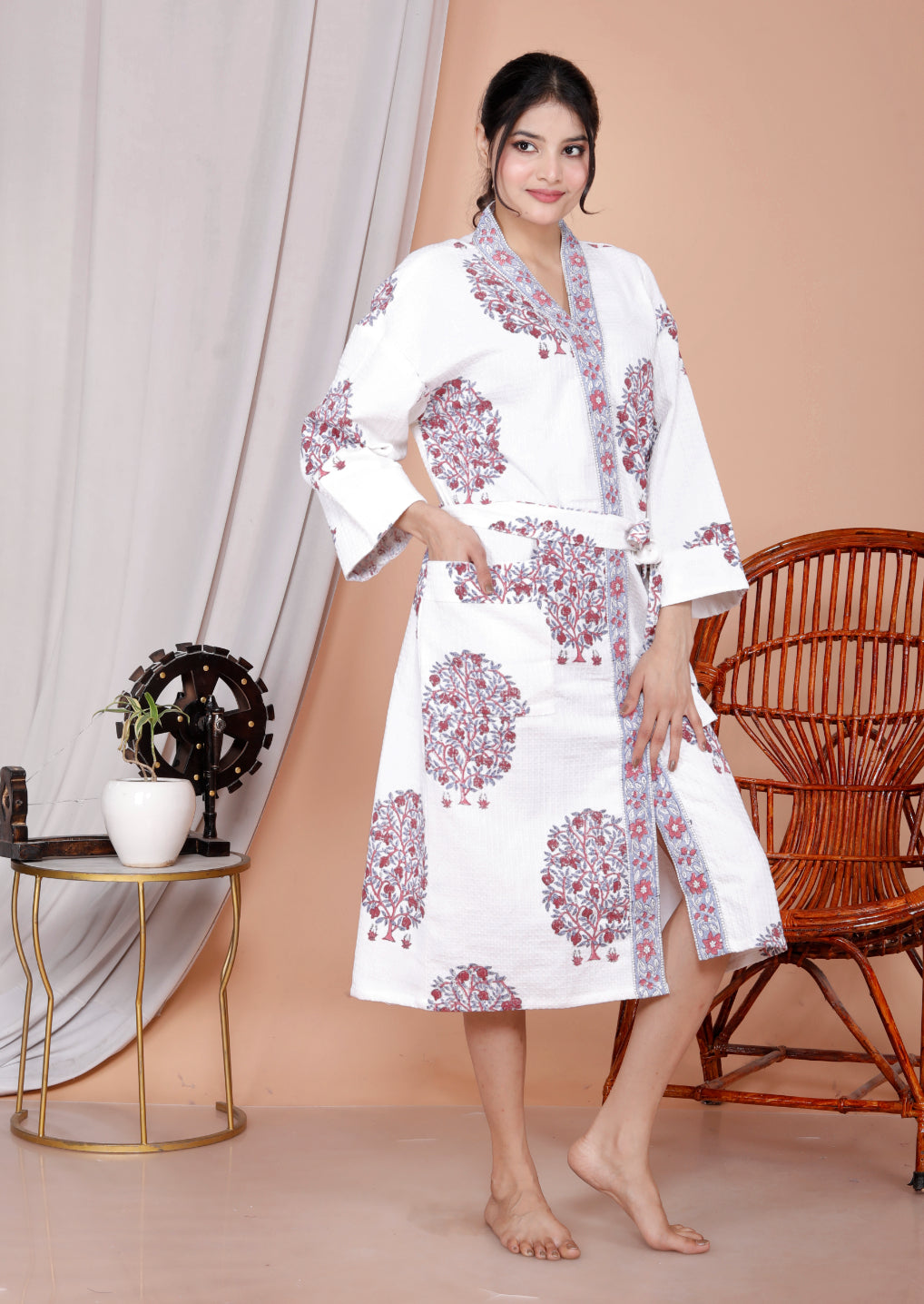 Living Roots Handblock Printed Cotton Waffle Unisex Bath Robe - Free Size (Set Of 1) (91-023-BIG)