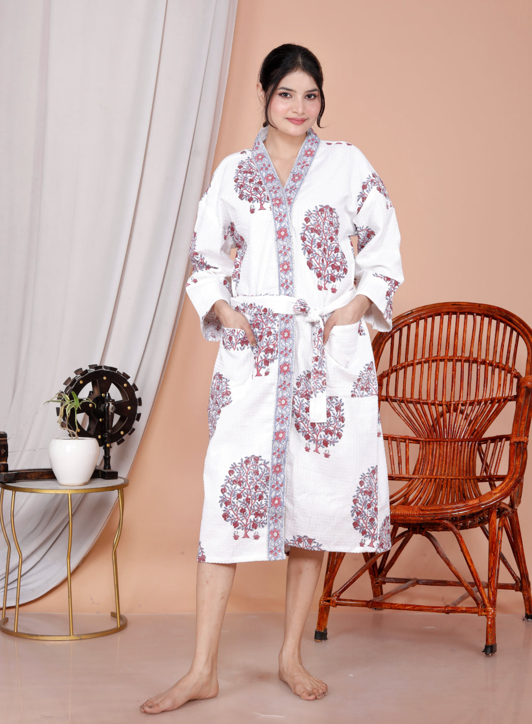 Living Roots Handblock Printed Cotton Waffle Unisex Bath Robe - Free Size (Set Of 1) (91-023-BIG)