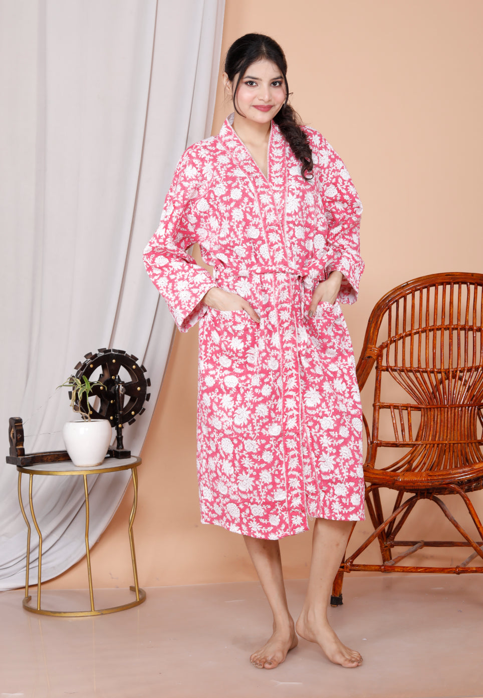 Living Roots Handblock Printed Cotton Waffle Unisex Bath Robe - Free Size (Set Of 1) (91-024-BIG)