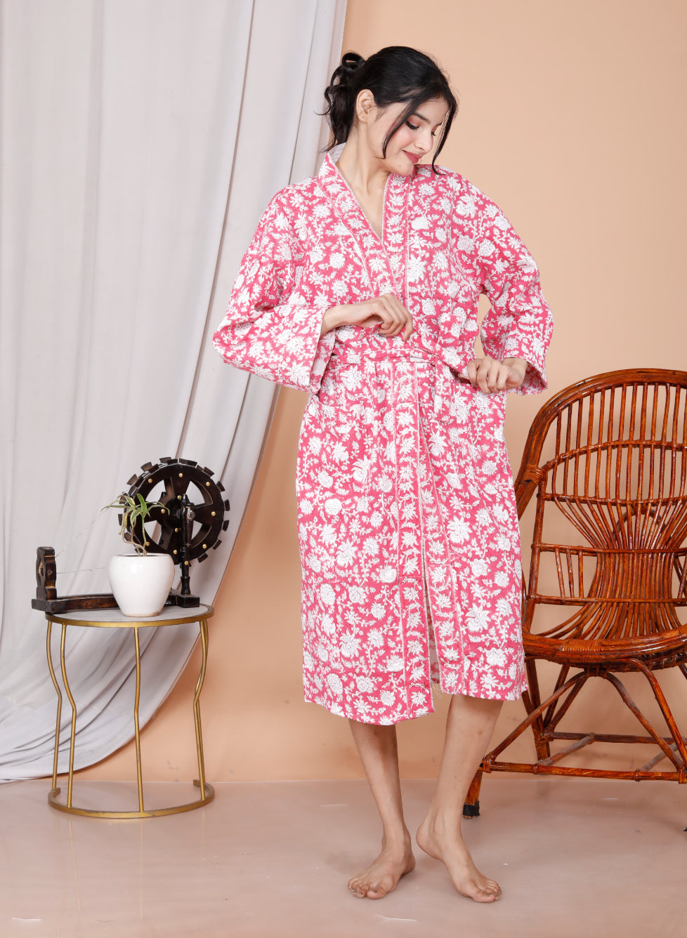 Living Roots Handblock Printed Cotton Waffle Unisex Bath Robe - Free Size (Set Of 1) (91-024-BIG)