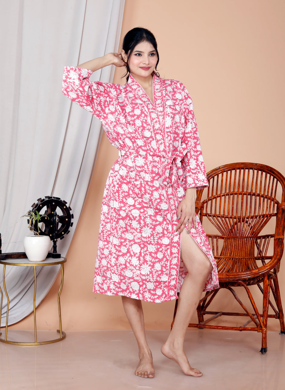 Living Roots Handblock Printed Cotton Waffle Unisex Bath Robe - Free Size (Set Of 1) (91-024-BIG)