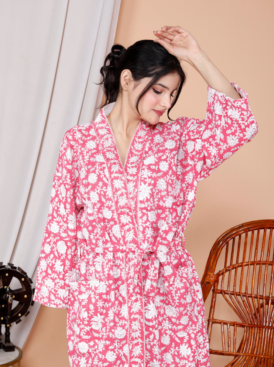Living Roots Handblock Printed Cotton Waffle Unisex Bath Robe - Free Size (Set Of 1) (91-024-BIG)
