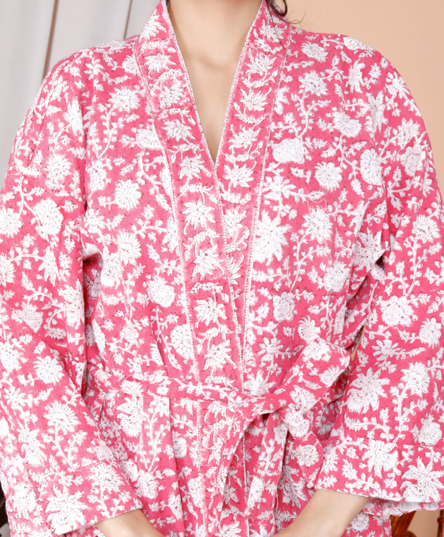 Living Roots Handblock Printed Cotton Waffle Unisex Bath Robe - Free Size (Set Of 1) (91-024-BIG)
