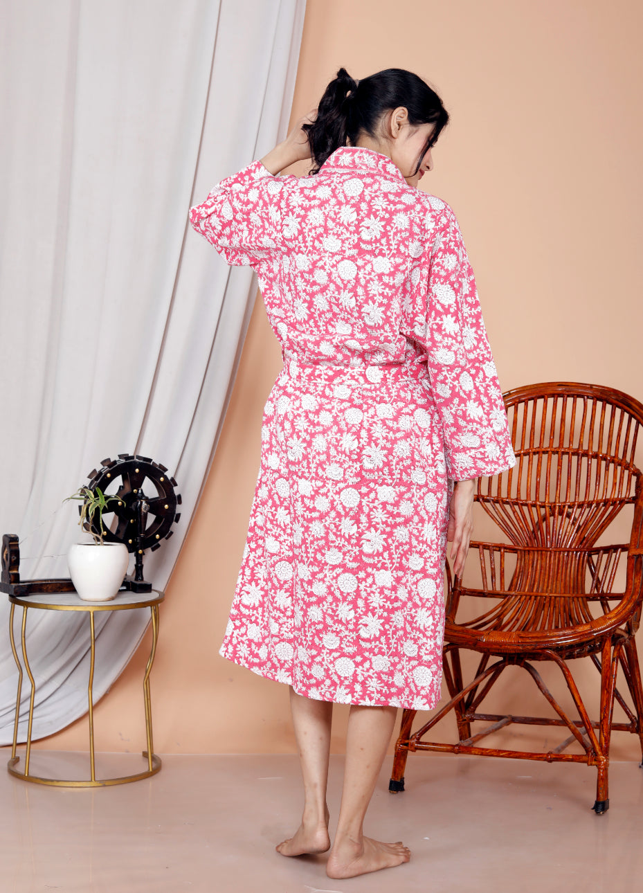 Living Roots Handblock Printed Cotton Waffle Unisex Bath Robe - Free Size (Set Of 1) (91-024-BIG)