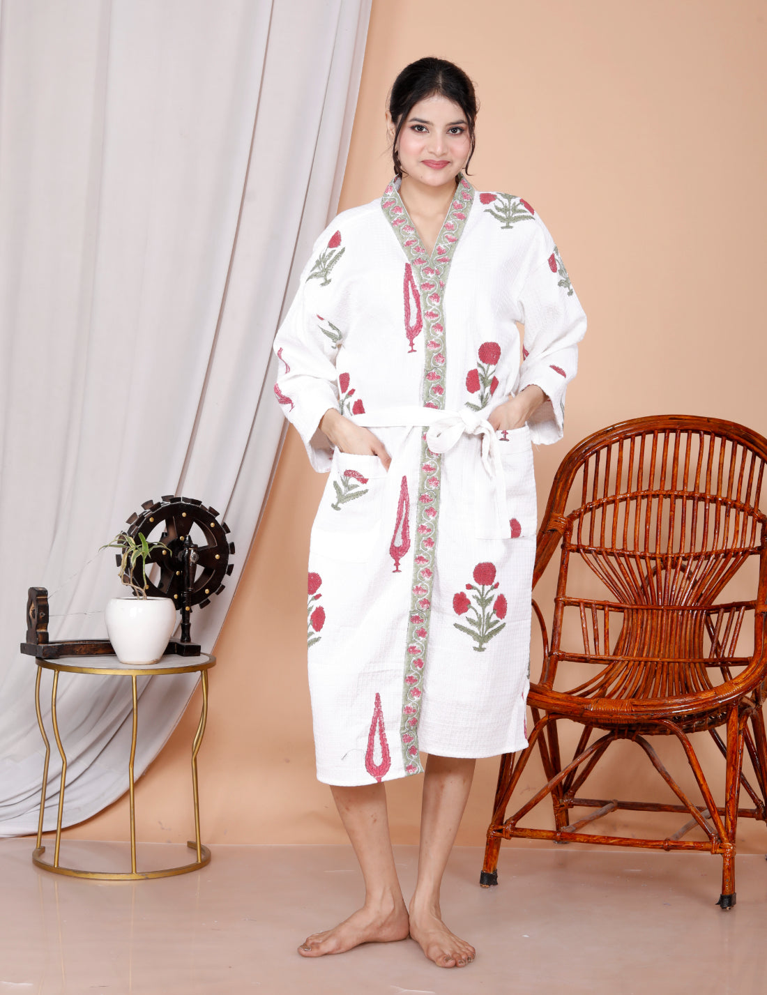 Living Roots Handblock Printed Cotton Waffle Unisex Bath Robe - Free Size (Set Of 1) (91-025-BIG)