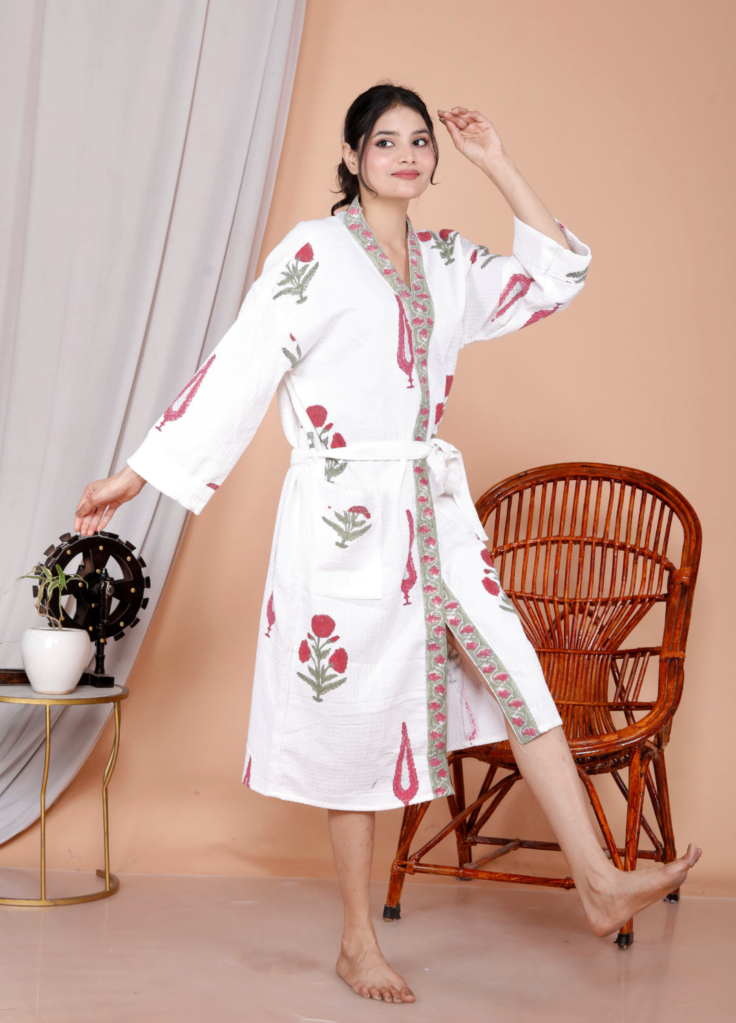 Living Roots Handblock Printed Cotton Waffle Unisex Bath Robe - Free Size (Set Of 1) (91-025-BIG)
