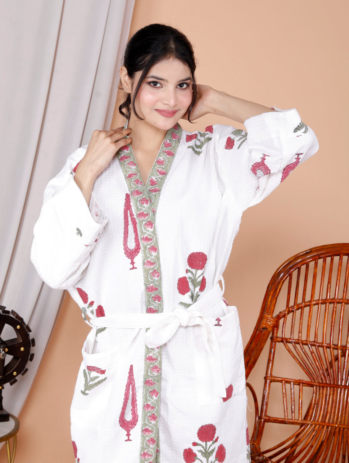 Living Roots Handblock Printed Cotton Waffle Unisex Bath Robe - Free Size (Set Of 1) (91-025-BIG)