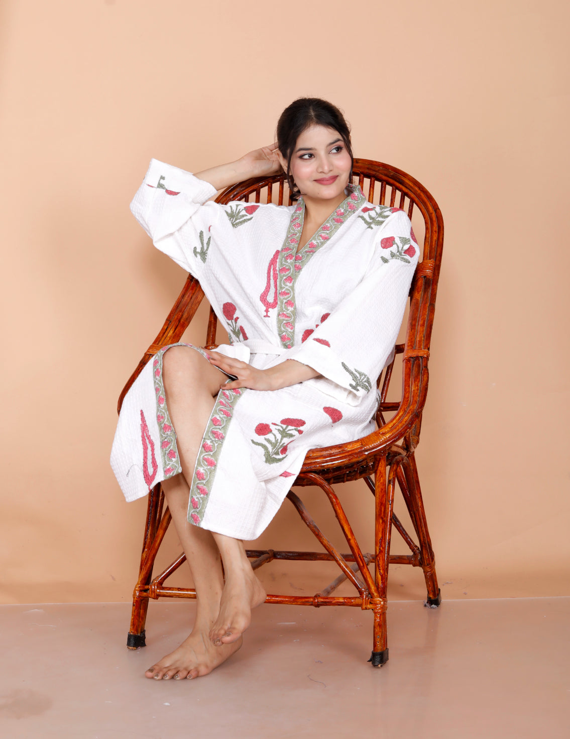 Living Roots Handblock Printed Cotton Waffle Unisex Bath Robe - Free Size (Set Of 1) (91-025-BIG)