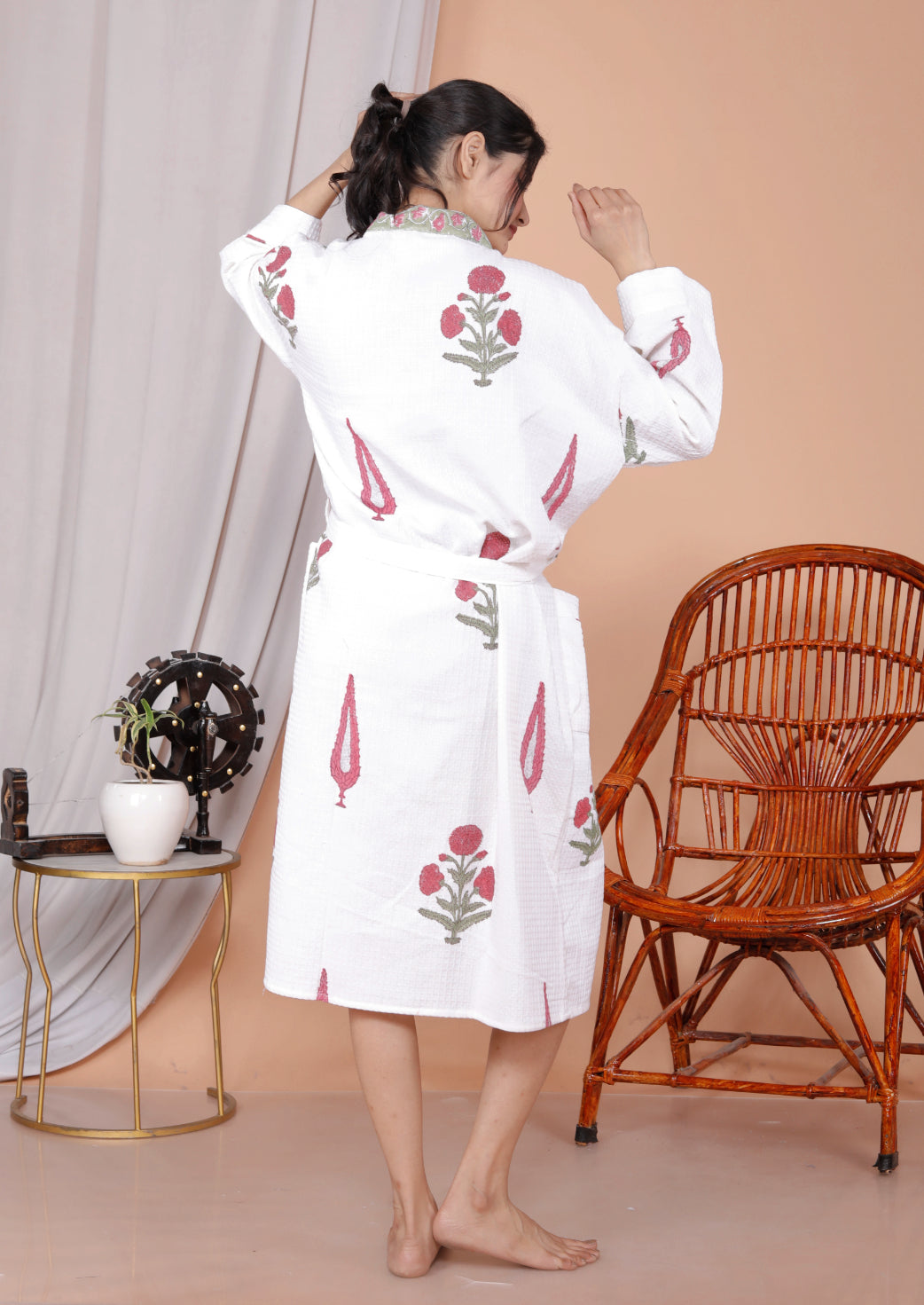 Living Roots Handblock Printed Cotton Waffle Unisex Bath Robe - Free Size (Set Of 1) (91-025-BIG)
