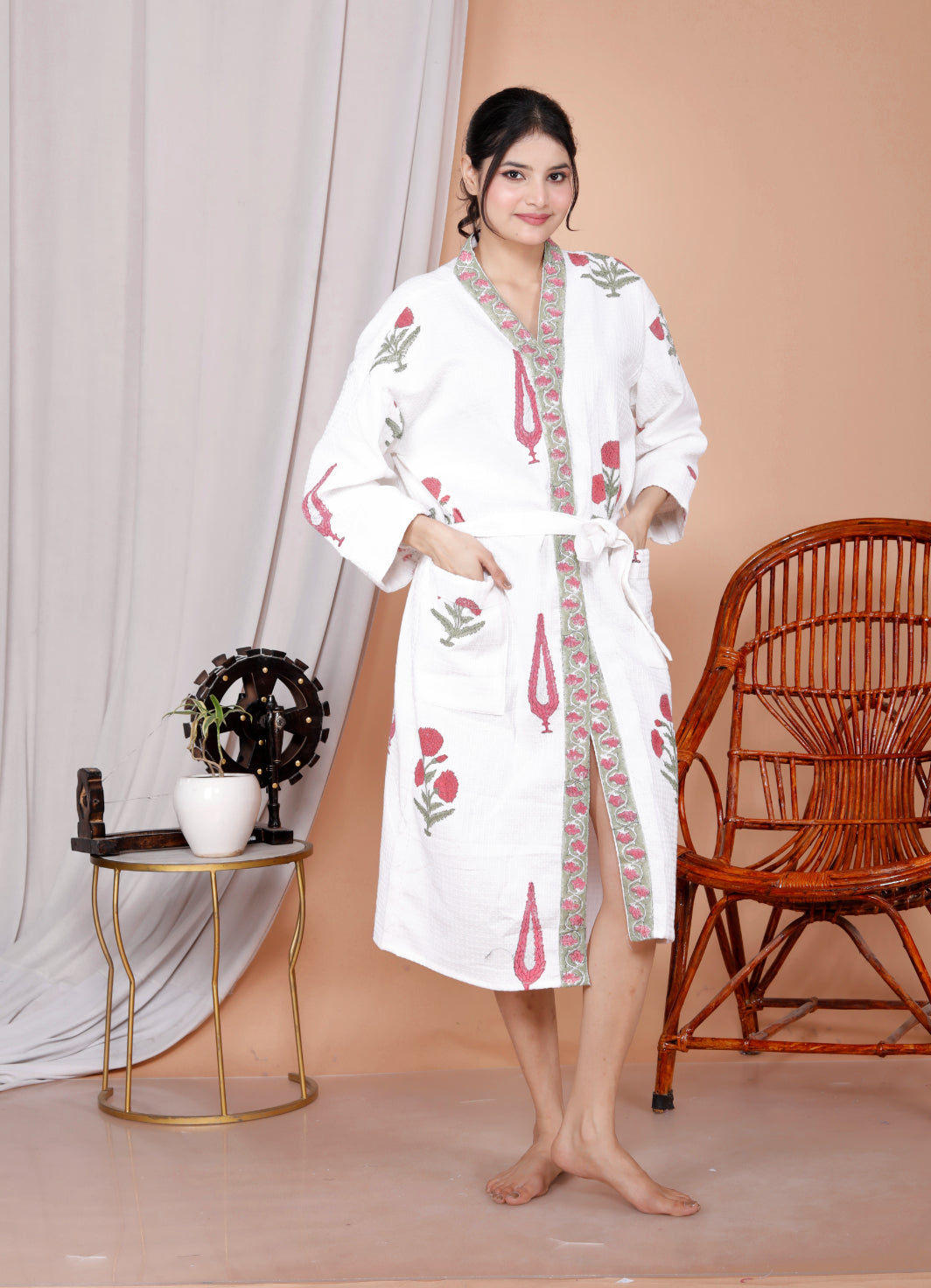 Living Roots Handblock Printed Cotton Waffle Unisex Bath Robe - Free Size (Set Of 1) (91-025-BIG)