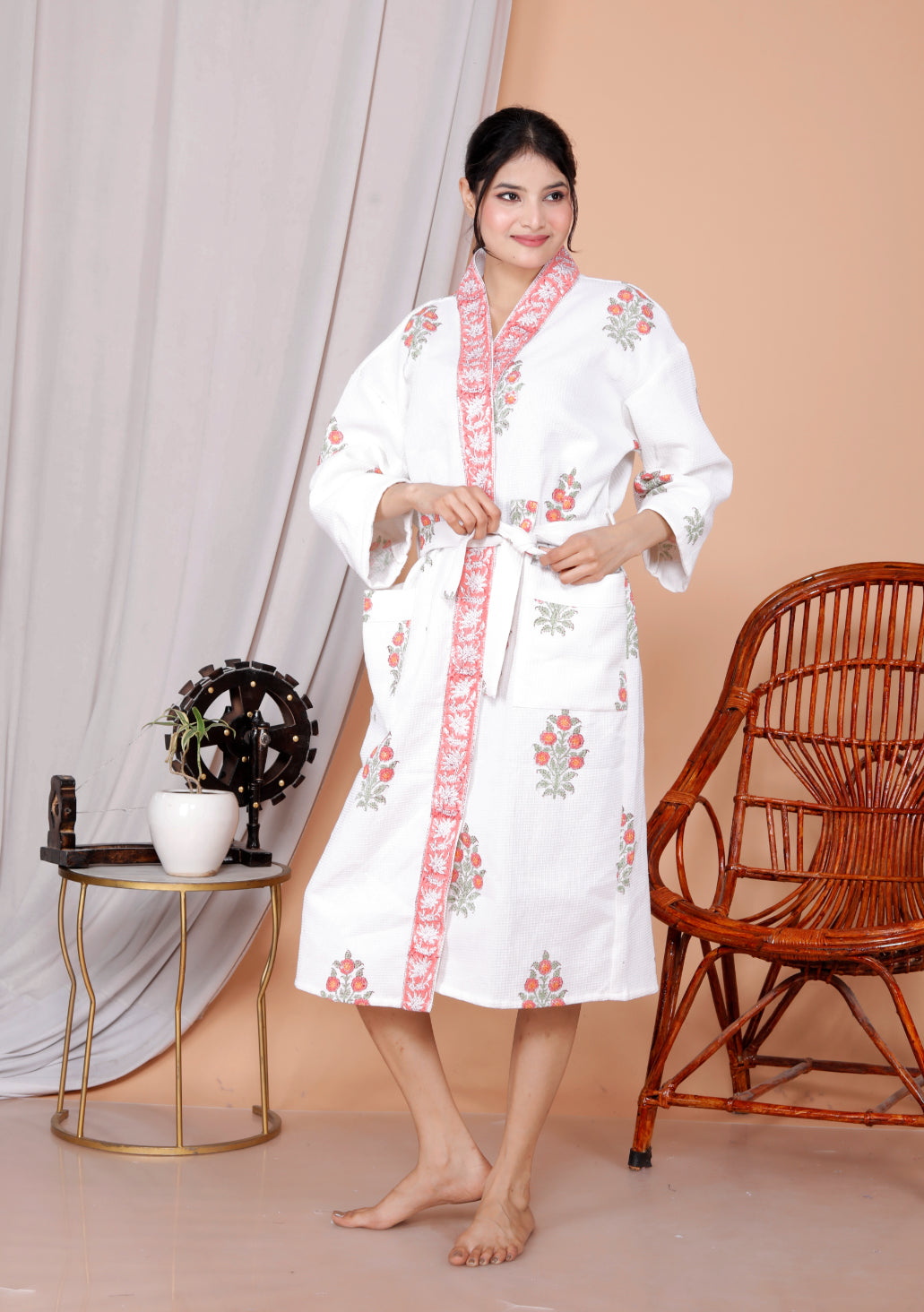 Living Roots Handblock Printed Cotton Waffle Unisex Bath Robe - Free Size (Set Of 1) (91-026-BIG)