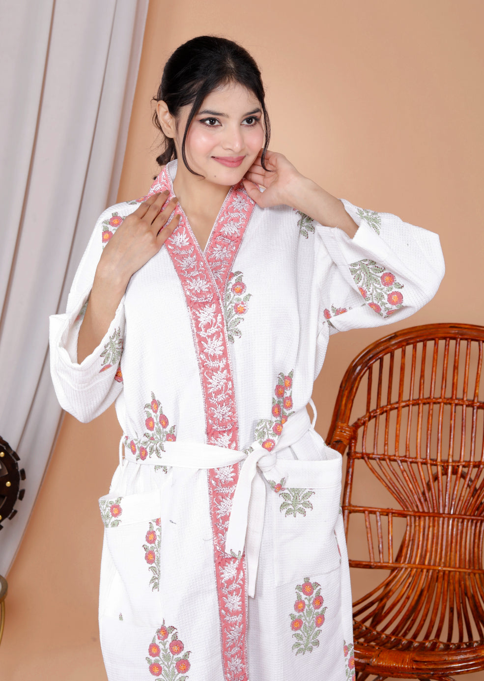 Living Roots Handblock Printed Cotton Waffle Unisex Bath Robe - Free Size (Set Of 1) (91-026-BIG)
